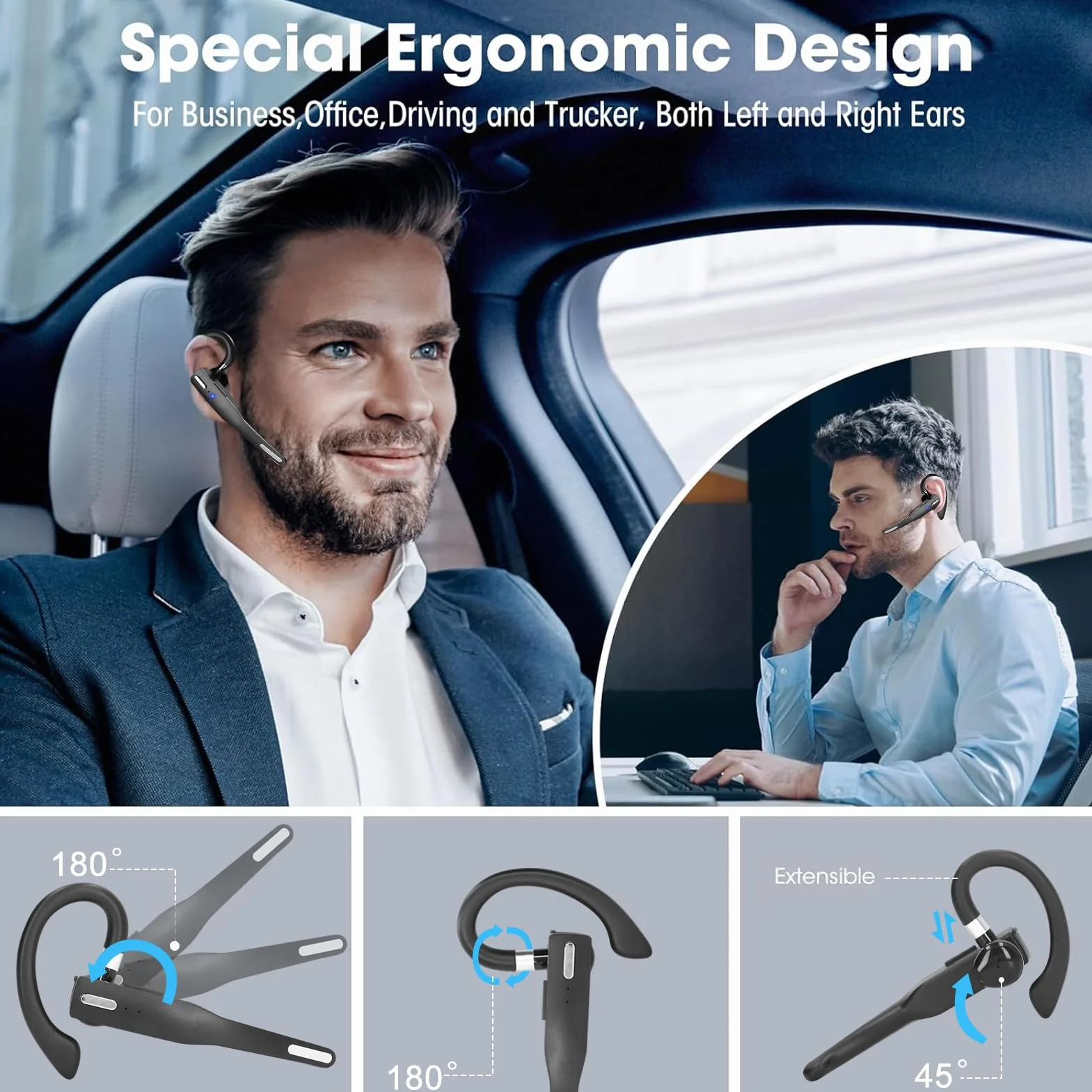 Zunate Słuchawki Bluetooth 5.1, bezprzewodowy zestaw głośnomówiący z mikrofonem, obrotowy, pojedynczy, douszny, bezprzewodowy zestaw słuchawkowy do prowadzenia samochodu, biura, sterowanie jednym