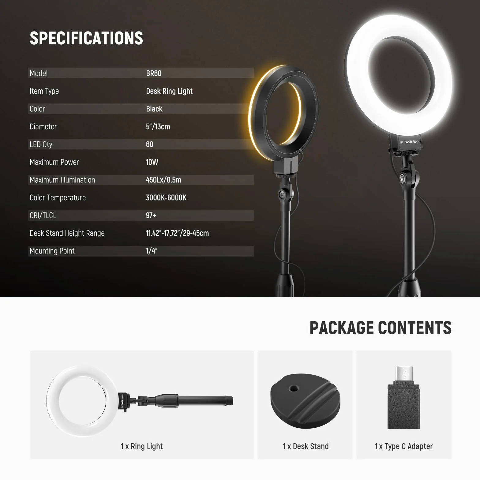 NEEWER BASICS Lampa pierścieniowa 5"/13cm do biurka z podstawą, uchwytem na telefon, 10W LED, lampa do selfie, kompatybilna z iPhone'em do nagrywania wideo, kamery internetowej, wideokonferencji