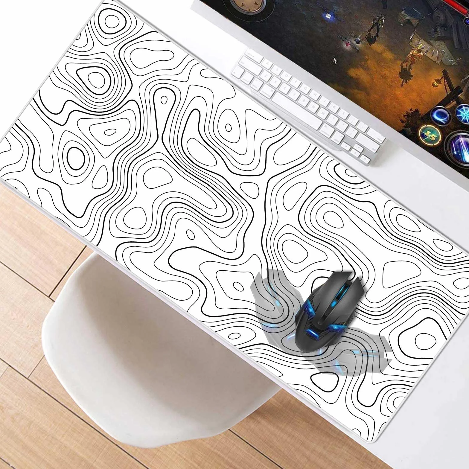 Podkładka pod mysz do gier XXL duża podkładka pod mysz z wodoodporną i antypoślizgową gumą do komputera, MacBooka, gabinetu, laptopa, komputera do gier, domu, biała, topograficzna, 900 x 400