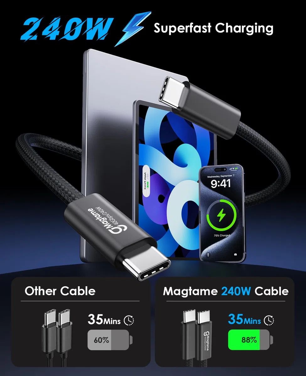 Kabel USB 4 240 W, 1,5 m, magnetyczny kabel USB C, obsługa wyświetlacza 8K 60 Hz, 4K 144 HZ 40 Gpbs, kabel USB C na USB C do telefonów 15Pro/15ProMax, do Mac_Booków, Hub USB C, stacja dokująca