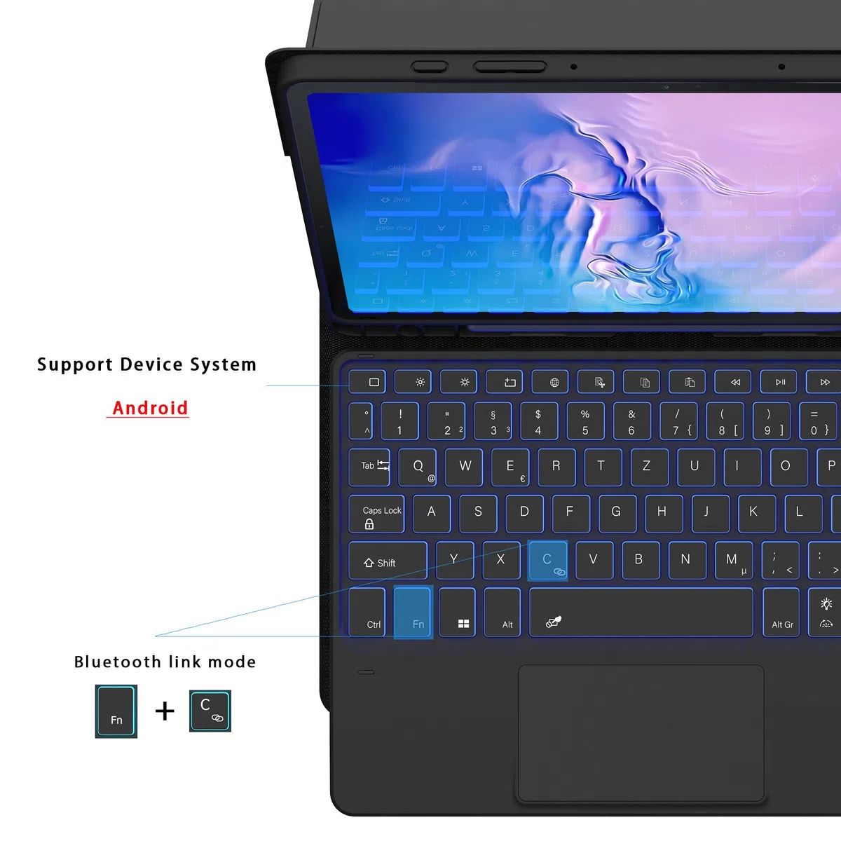 Etui na klawiaturę do Samsung Galaxy Tab S9 FE - 7 kolorowych oświetlenia touchpad tablet Cover z uchwytem na długopis - podświetlana klawiatura niemiecka QWERTZ Layout