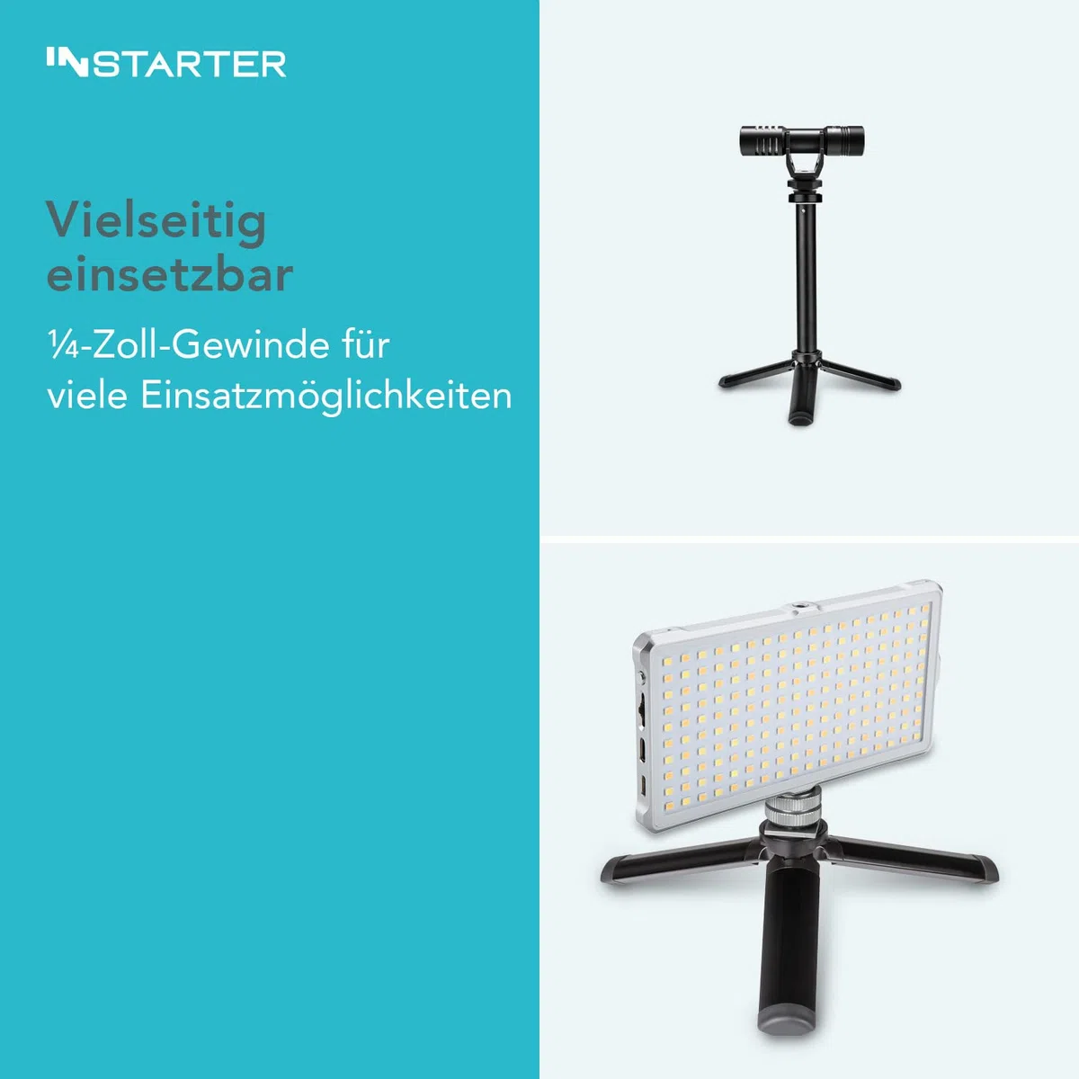 Statyw stołowy Instarter z teleskopowym ramieniem do kamer, smartfonów i oświetlenia I Mini statyw z obciążeniem do 1 kg I Może być również używany jako selfie stick I Statyw do kamery ze śrubą 1/4