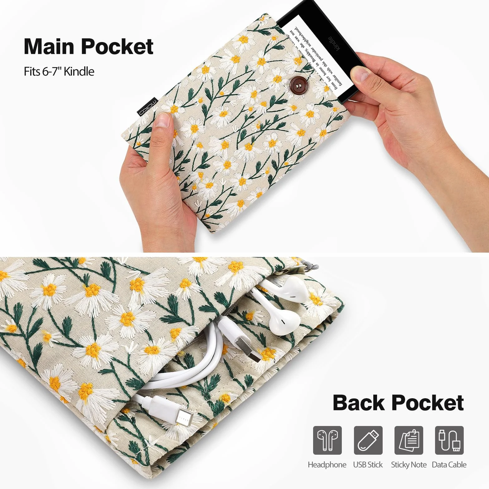 MoKo 6-7 Inch Embroidered Daisy Padded Sleeve Pouch for Kindle Colorsoft, Kindle Paperwhite 12th Gen 2024, Kindle 2022-2016, Kindle Pouch for Oasis/Voyage/Kobo eReader, Beige