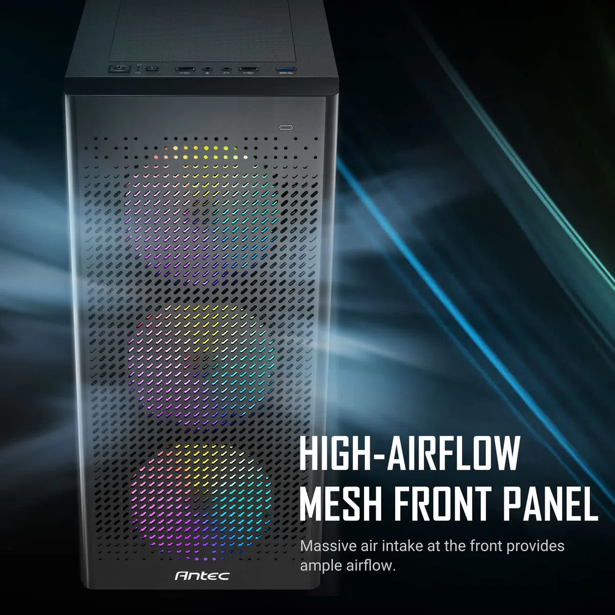 ANTEC NX500M ARGB, panel przedni z siatki o wysokim przepływie powietrza, typ C 3.2 Gen2 Ready, 3 x wentylatory ARGB 120 mm w zestawie, panel boczny ze szkła hartowanego, do 6 wentylatorów, obsługa