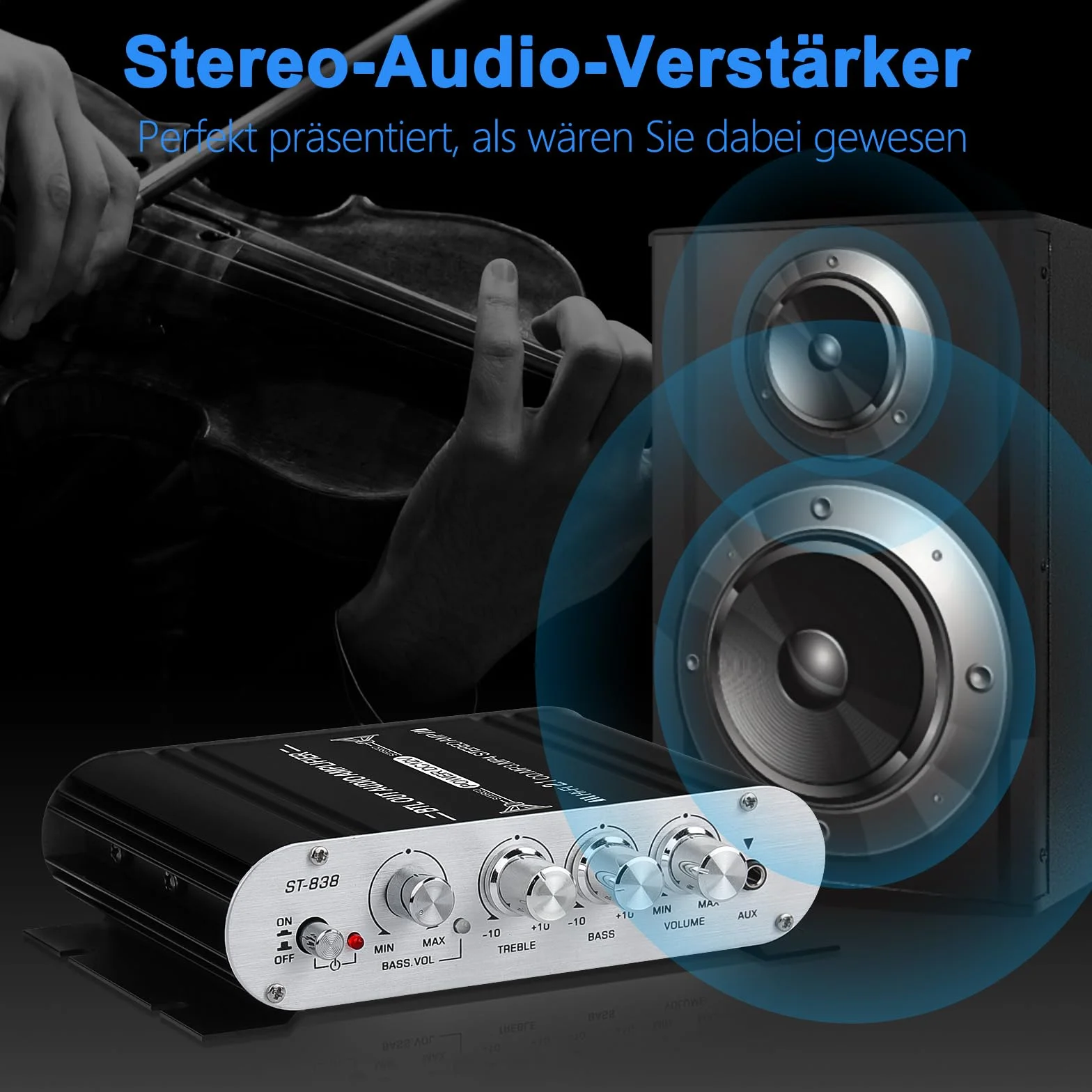 Wzmacniacz audio HiFi, wzmacniacz stereo 2.1 CH, RMS 20 W x 2 + 40 W ST-838 z wyjściem subwoofera, klasa D mini wzmacniacz cyfrowy z AUX do domu, czarny (z adapterem