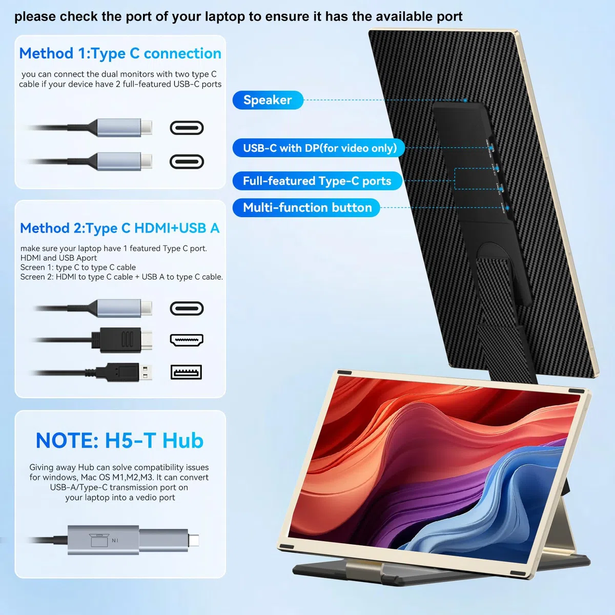 Przenośny monitor, ekran laptopa 15,6", ultracienki monitor podróżny z głośnikami USB-C, podwójny ekran FHD 1080p IPS, kompatybilny z Windows Chome Linux