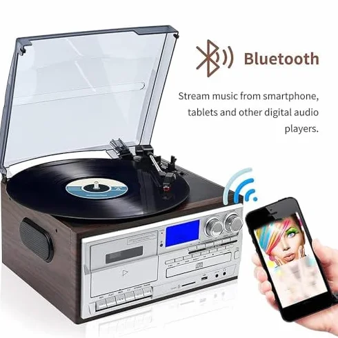 Odtwarzacz płyt Bluetooth w stylu retro z wbudowanymi głośnikami – 3-biegowy gramofon vintage, odtwarzacz CD i kasetowy, konstrukcja o niskim poziomie hałasu, matowa osłona przeciwpyłowa, idealna do