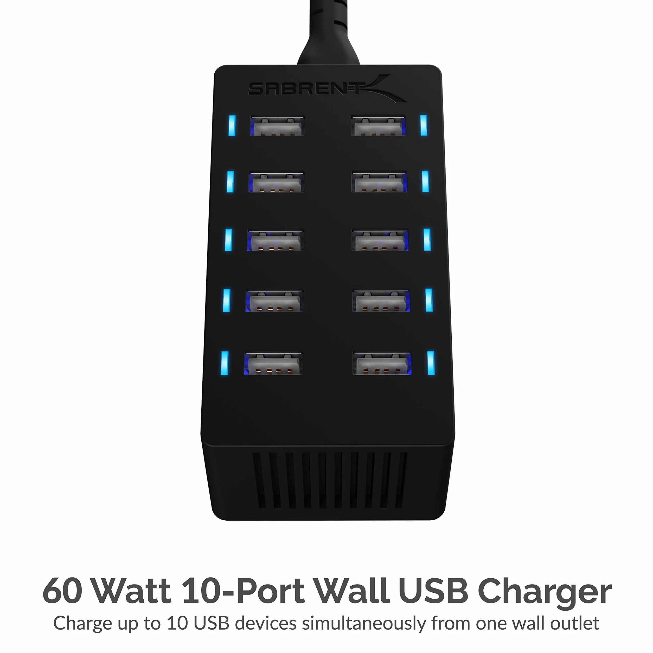 SABRENT Inteligentna ładowarka USB, 60 W, 10 portów, szybka ładowarka z zasilaczem, stacja ładująca Multi USB, ładowarka ścienna kompatybilna z produktami Apple i smartfonami, przenośnymi głośnikami
