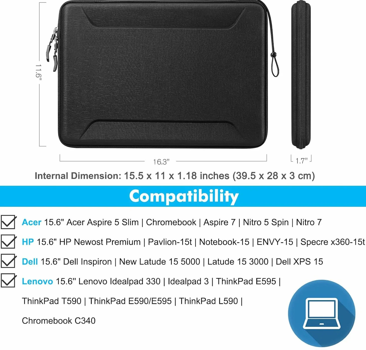 FINPAC Torba na laptopa do 16 cali MacBooka Pro 2026-2019, 15,6 cali Lenovo Tab Notebook/IdeaPad, odporna na wstrząsy twarda obudowa ochronna do 15,6-calowych laptopów HP/ASUS/Acer/Surface/Huawei