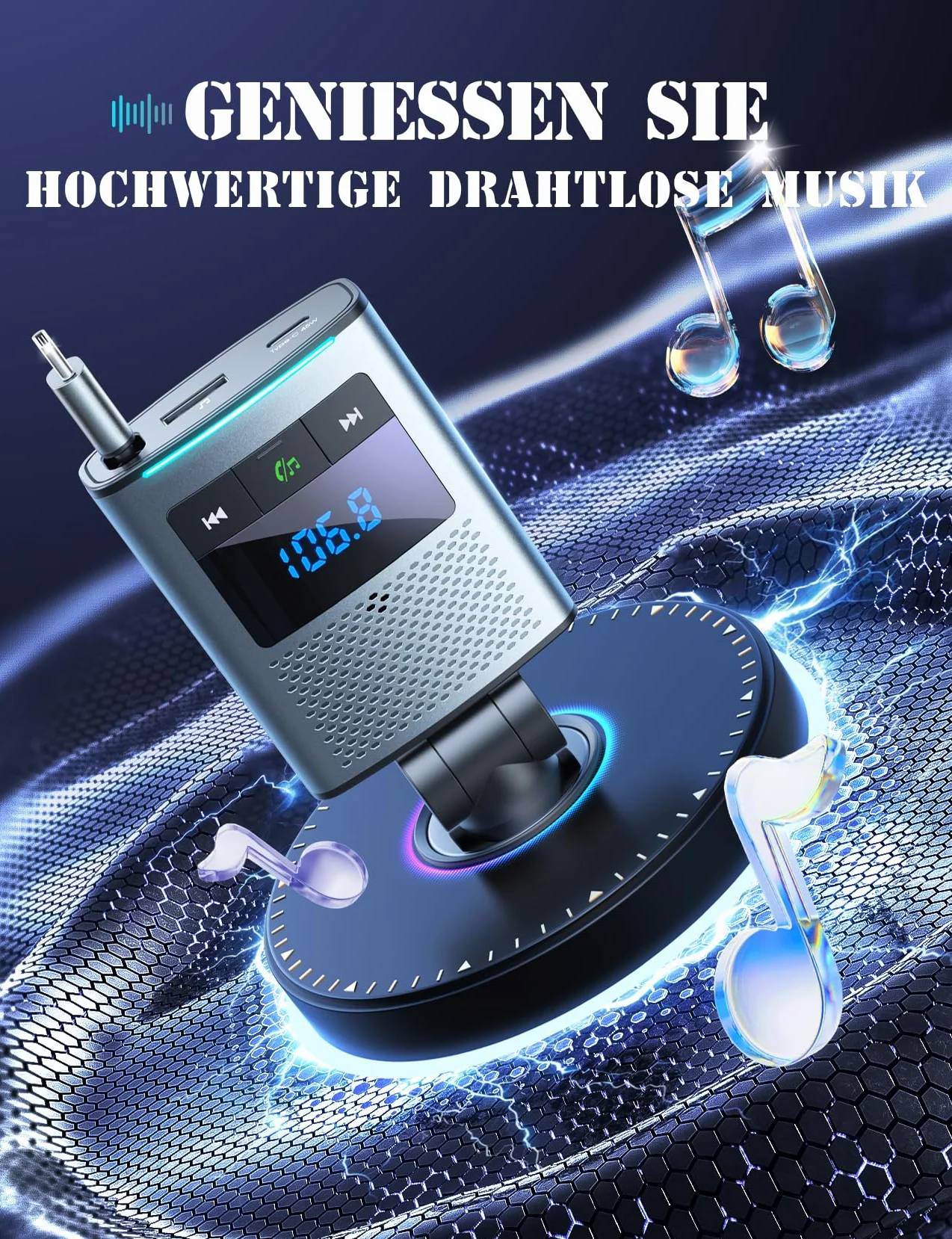 JOYROOM 90W Bluetooth 5.4 Adapter do samochodu,【100 cm wciągany kabel】 24V/12V USB C & nadajnik FM, 24V/12V adapter USB do samochodu z zestawem głośnomówiącym, akcesoria samochodowe dla iPhone 17