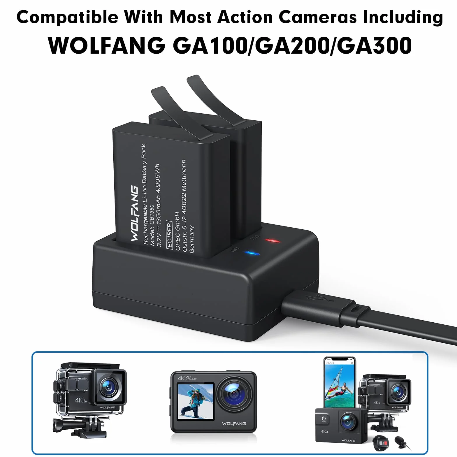 WOLFANG Podwójna Ładowarka z 2 Bateriami 1350mAh, Stacja Ładowania USB-C do Kamer Sportowych GA100, GA120, GA200, GA300, SF230, EK7000