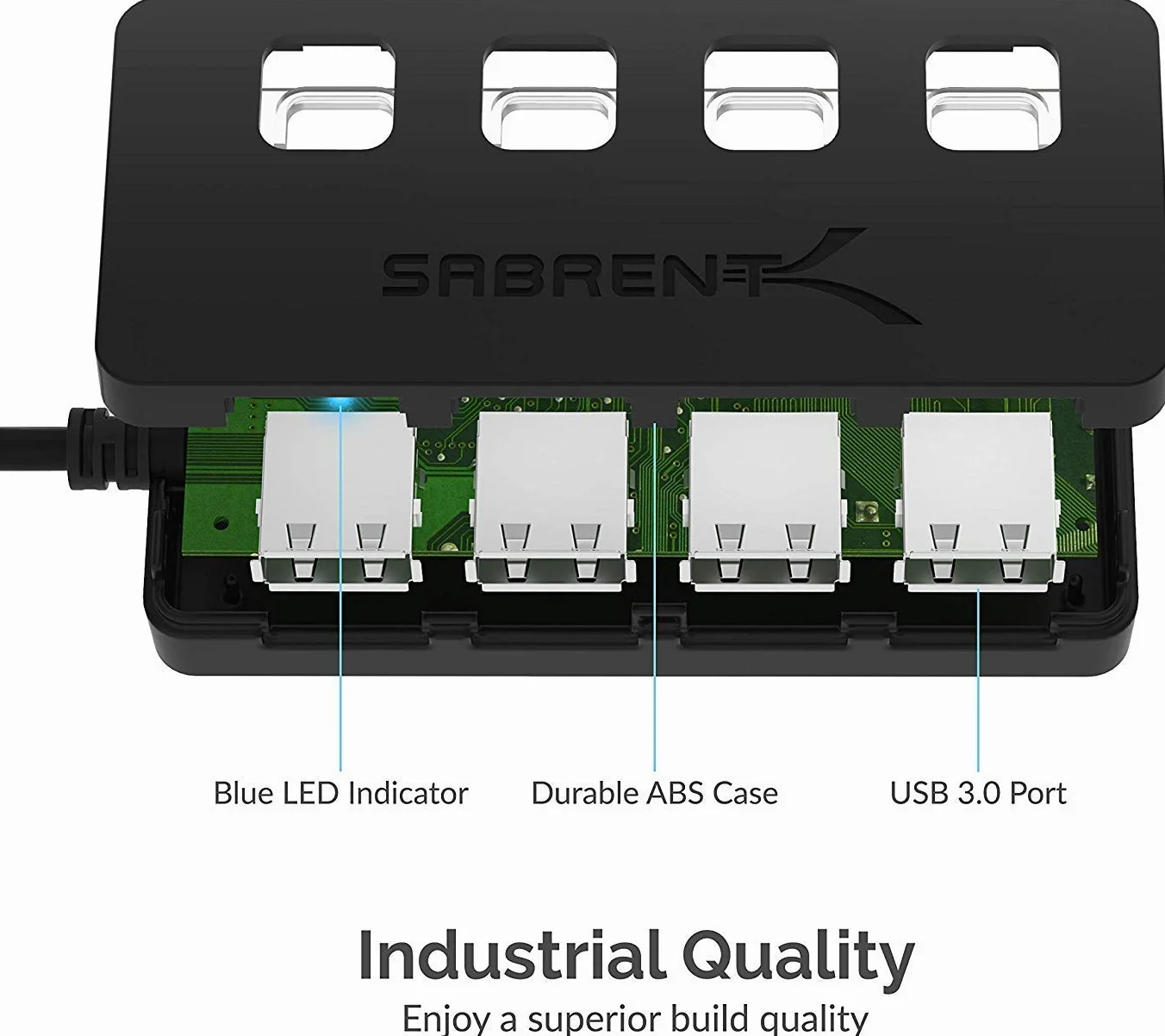 SABRENT Hub USB 3.2 Gen 1 4 porty listwa zasilająca USB rozdzielacz przełączniki ON/OFF diody LED zasilacz do PC laptopa
