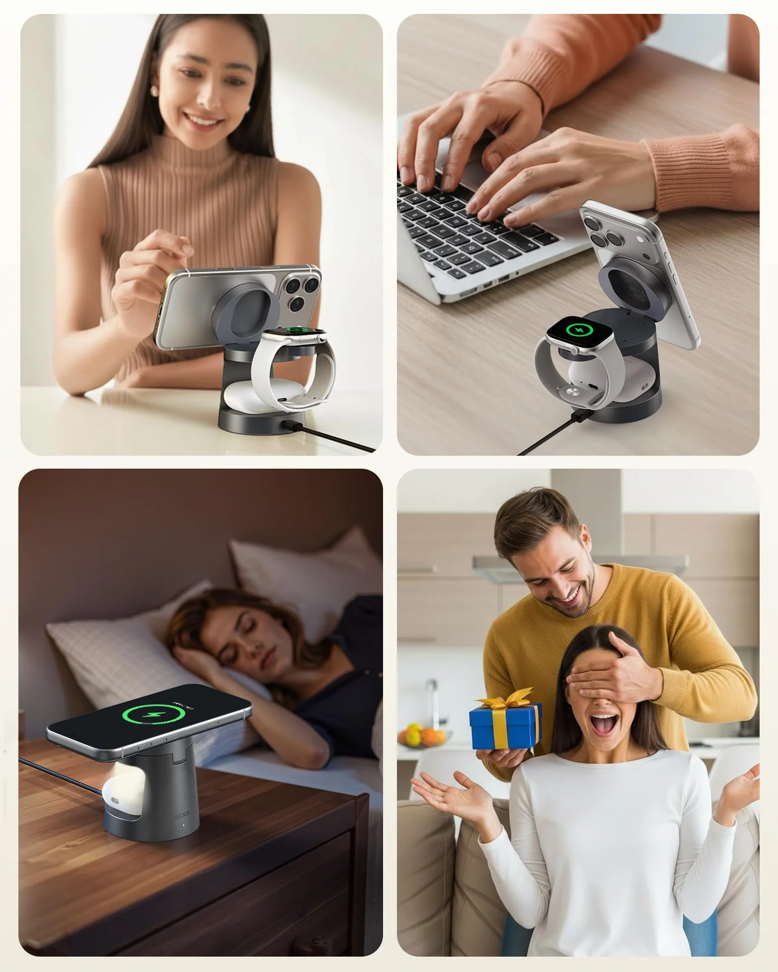 SODI UltraCharge Stacja Ładowania 3 w 1 z Qi2.2, Magnetyczna Ładowarka Bezprzewodowa 25W z Lampką Nocną do Phone 17/16/15/14/13/12, Smartwatch i Słuchawek (Zasilacz 45W w Zestawie)