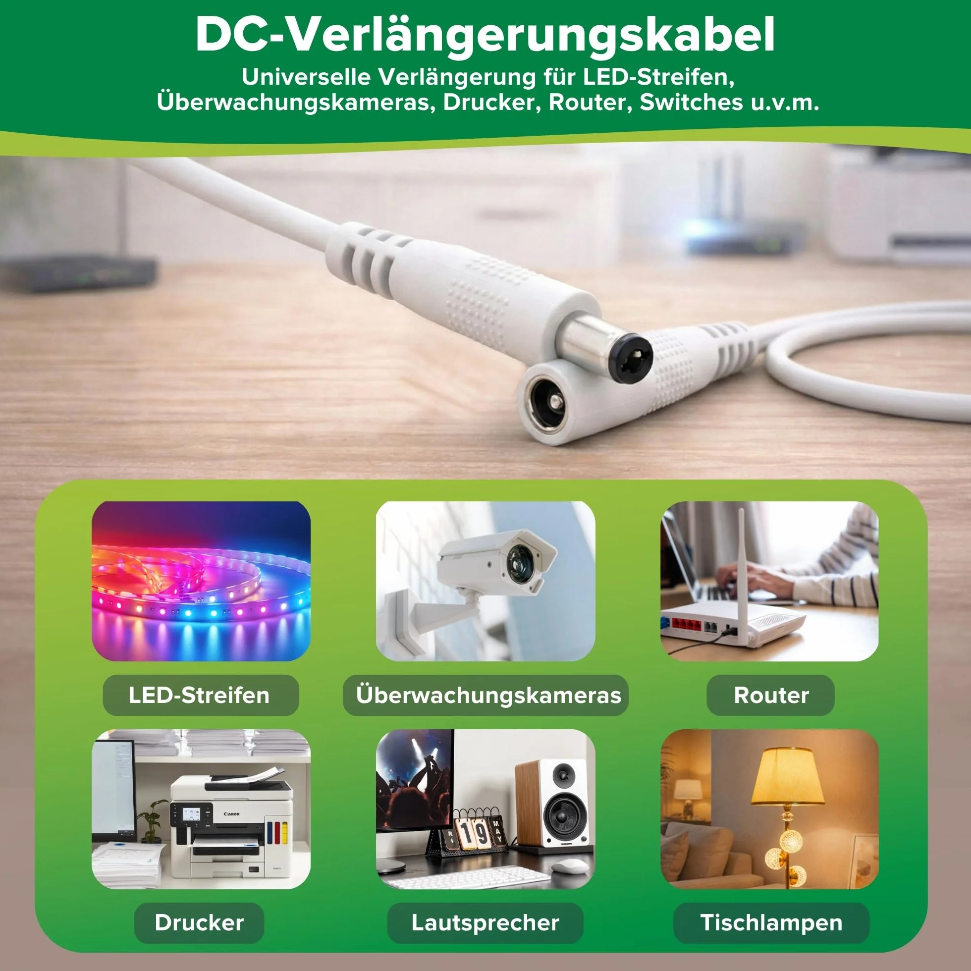 InLine - Przedłużacz DC, uniwersalny zasilacz sieciowy przedłużacz do taśm LED, kamer monitorujących, drukarek, routerów, przełączników i wielu innych, wtyk DC 5,5 x 2,1 mm, biały, 5 m
