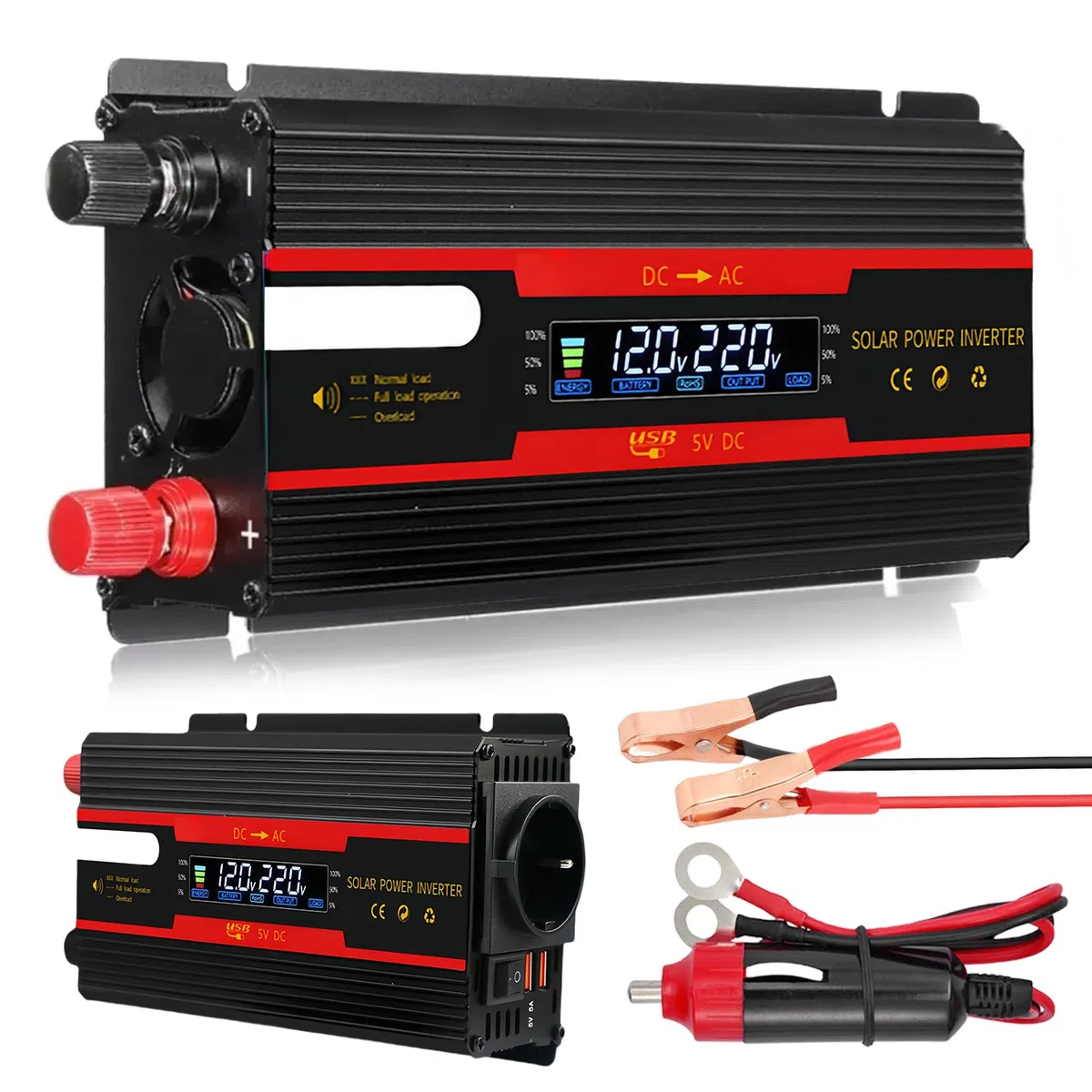 Przetwornica napięcia DC 12 V/24 V na AC 230 V, zmodyfikowana fala sinusoidalna, fala solarna 700 W/2000 W z gniazdami UE, 2 adaptery USB do samochodów osobowych, ciężarowych, przyczep kempingowych