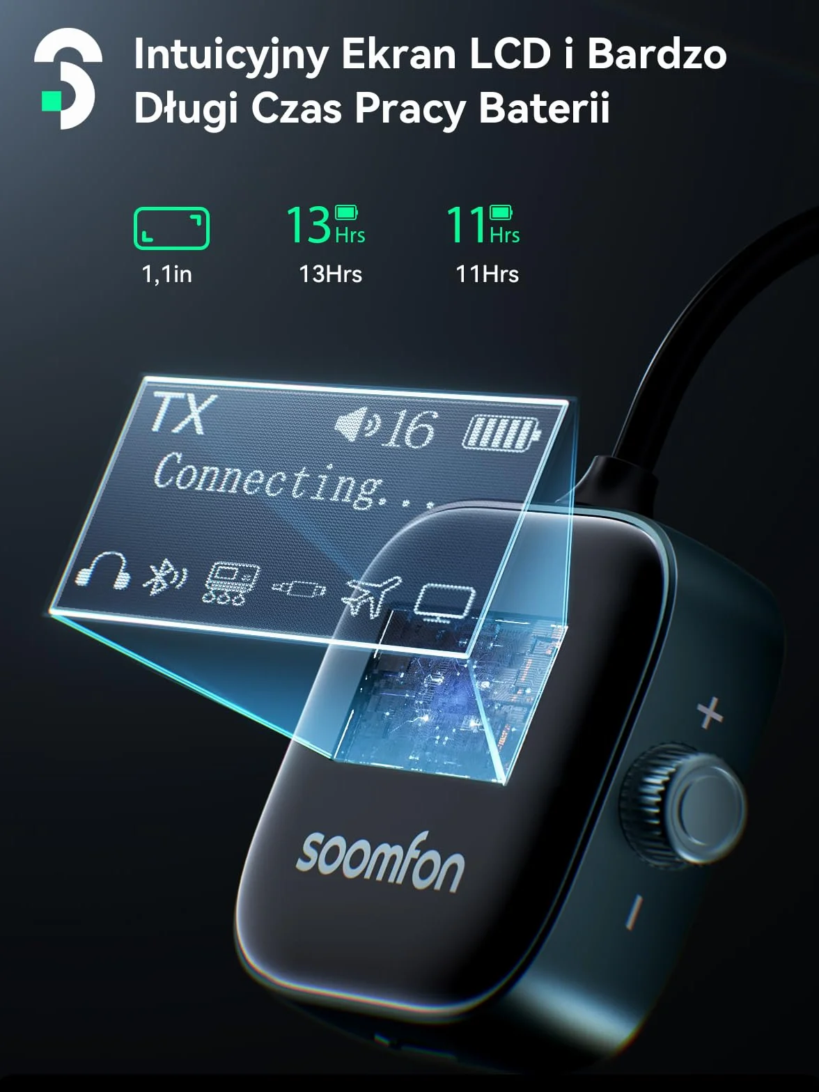 SOOMFON Odbiornik nadajnika Bluetooth 5.3 z gniazdem 3,5 mm z ekranem LCD, podwójne parowanie, adapter Bluetooth AUX 13H, bezprzewodowy nadajnik audio 2 w 1, do samolotu, telewizora, słuchawek