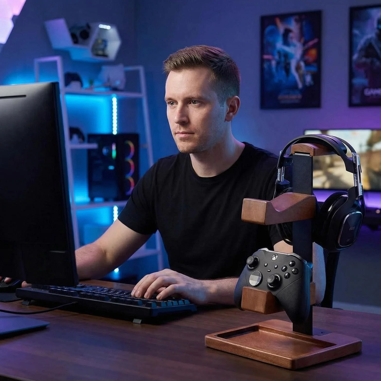 Acidea Uchwyt na kontroler z litego drewna stojak na słuchawki podwójny organizer do gier Xbox PS4 PS5