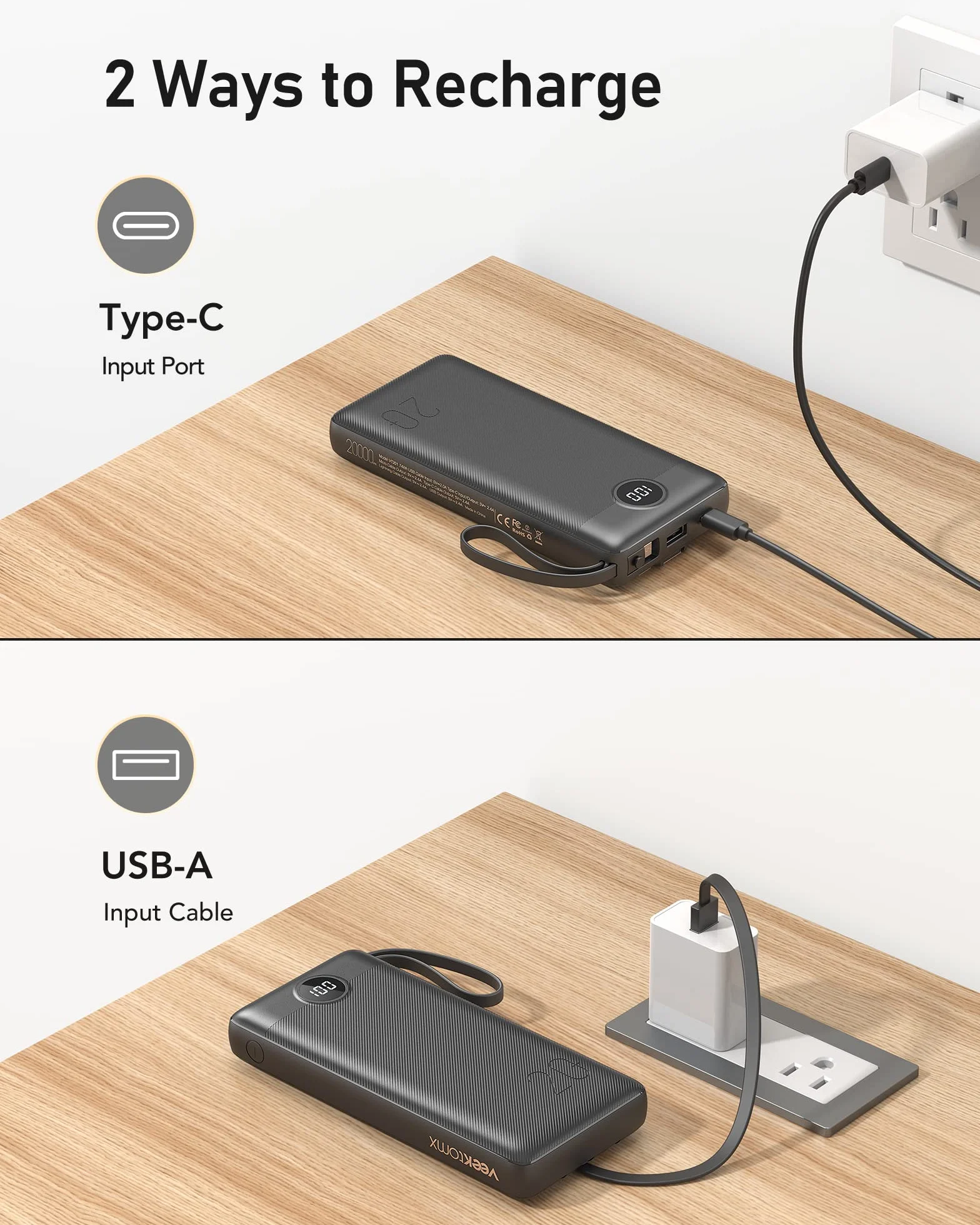 VEEKTOMX Power Bank 20000mAh Powerbank z wbudowanymi kablami przenośna ładowarka USB C bateria zewnętrzna z 5 wyjściami i 2 wejściami, kompatybilny z iPhone 16 Samsung Huawei Xiaomi (20000mAh-czarny)