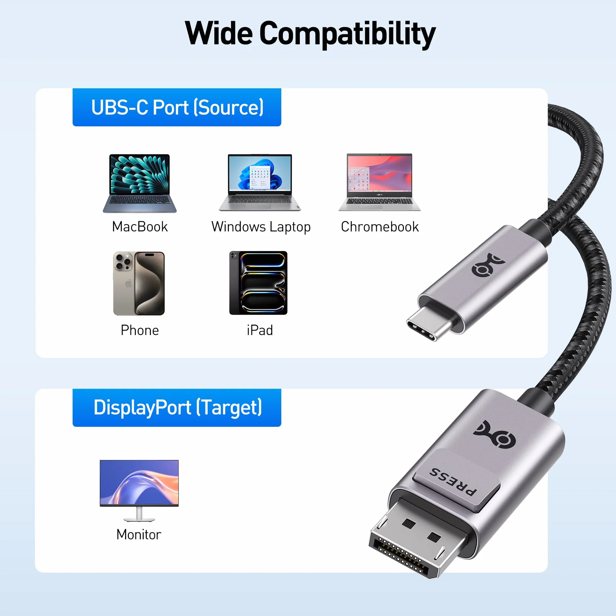 Cable Matters Wysokiej jakości pleciony kabel USB-C na DisplayPort 1,8 m (kabel USB C do DP) obsługuje 8K 60 Hz w kolorze szarym - Thunderbolt 4 / USB 4 kompatybilny z MacBook Pro Dell XPS, iPhone 15