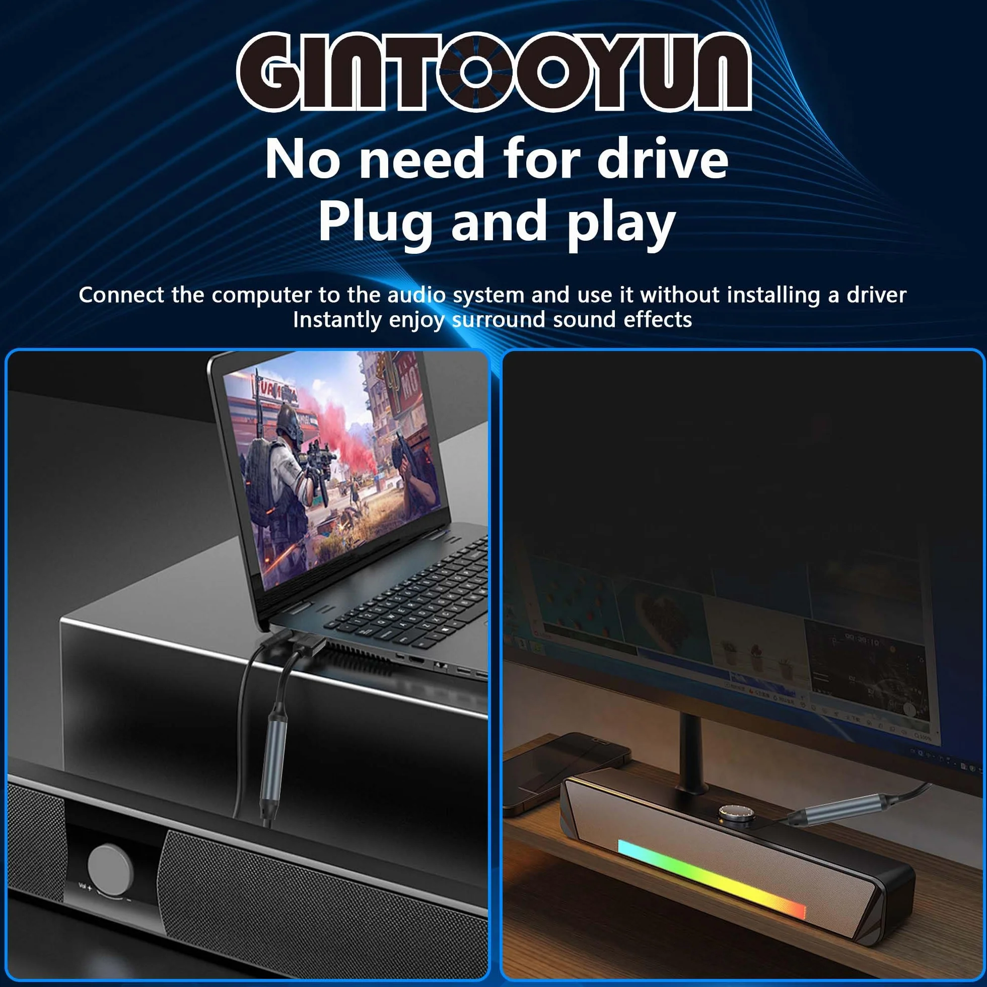 GINTOOYUN USB na optyczny adapter audio – port USB A do Fiber Optic SPDIF złącze 2 m gniazdo konwerter kabel do komputera laptopa Fiber Optic Box