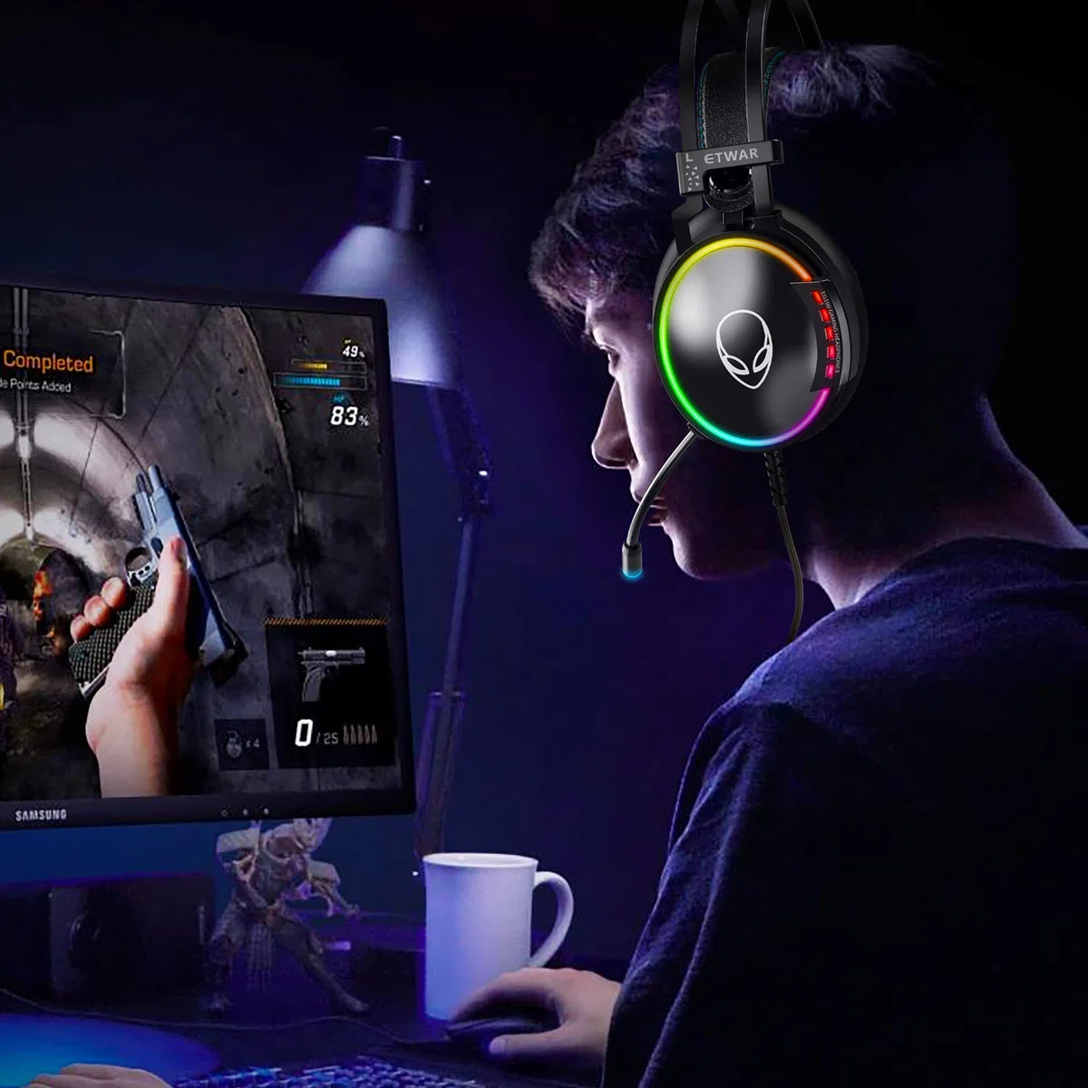 ETWAR PS4 zestaw słuchawkowy do gier USB do PC - 7.1 dźwięk przestrzenny słuchawki z mikrofonem - RGB zestaw słuchawkowy kompatybilny z PS4, PC, laptop-Over Ear gamingowy zestaw słuchawkowy - mocny basowy dźwięk gamingowy zestaw słuchawkowy