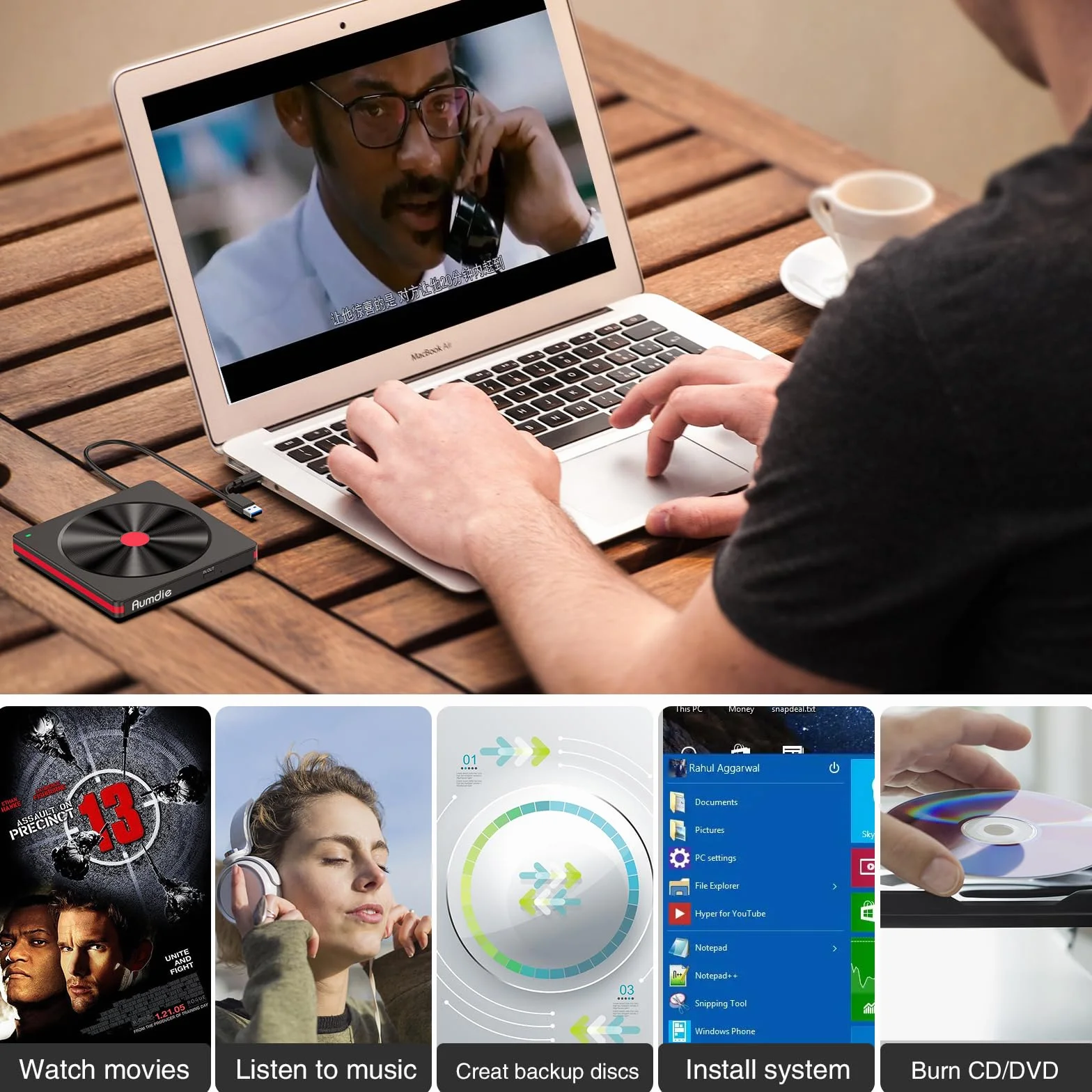 Zewnętrzny napęd DVD, USB 3.0 CD/DVD, zewnętrzny napęd CD USB C, zewnętrzny napęd CD do laptopów, PC, zewnętrzny nagrywarka CD DVD i odtwarzacz do Windows 11/10/8.1/7/XP/Vista, Linux, komputer