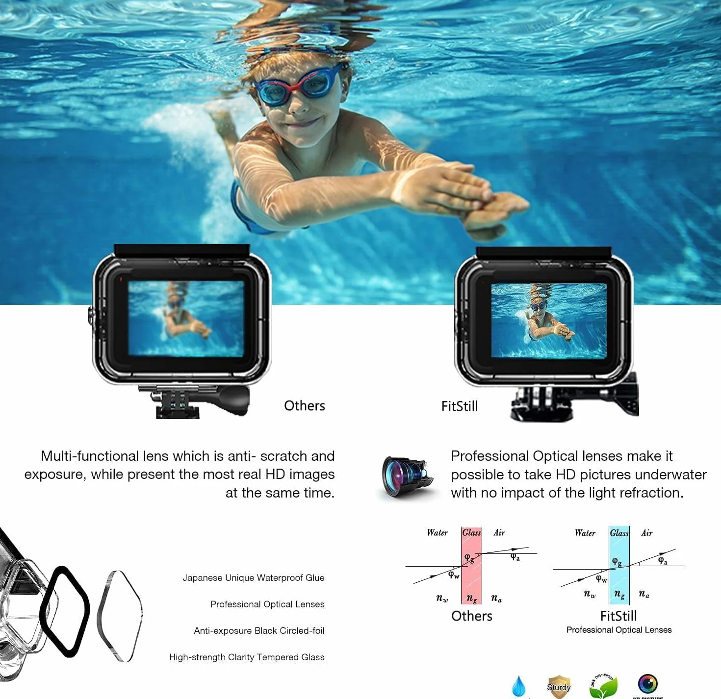 FitStill Wodoszczelna obudowa do Go Pro Hero 12/11/10/9 Black z uchwytem do nurkowania