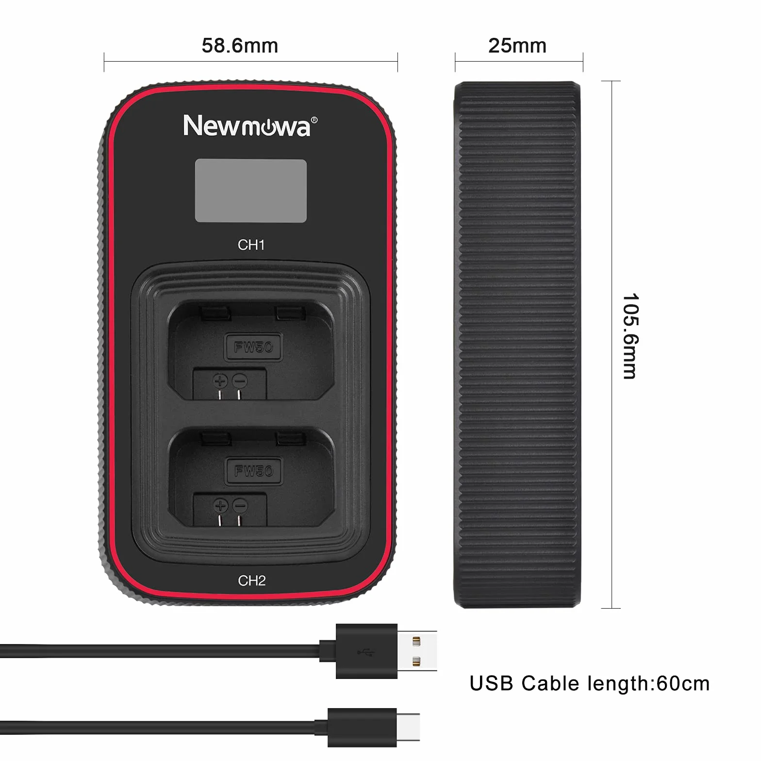 Newmowa NP-FW50 zapasowa bateria (2 sztuki) i inteligentna ładowarka USB z wyświetlaczem LCD do NP-FW50 i Sony ZV-E10, a6000, a6100, a6300, Alpha a3000, Alpha a5000, DSC-RX10, RX10 IV