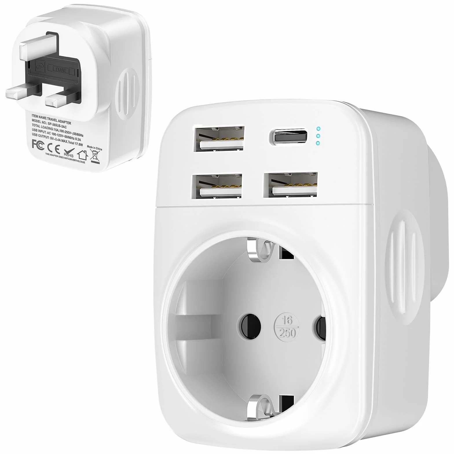 Hoppac Adapter do gniazda w języku angielskim 5 w 1, adapter typu G z 3 USB A i 1 USB C, brytyjski adapter do Irlandii, Hongkongu, Singapuru, Malty, Cypru, Zjednoczonych Emiratów Arabskich, Kataru
