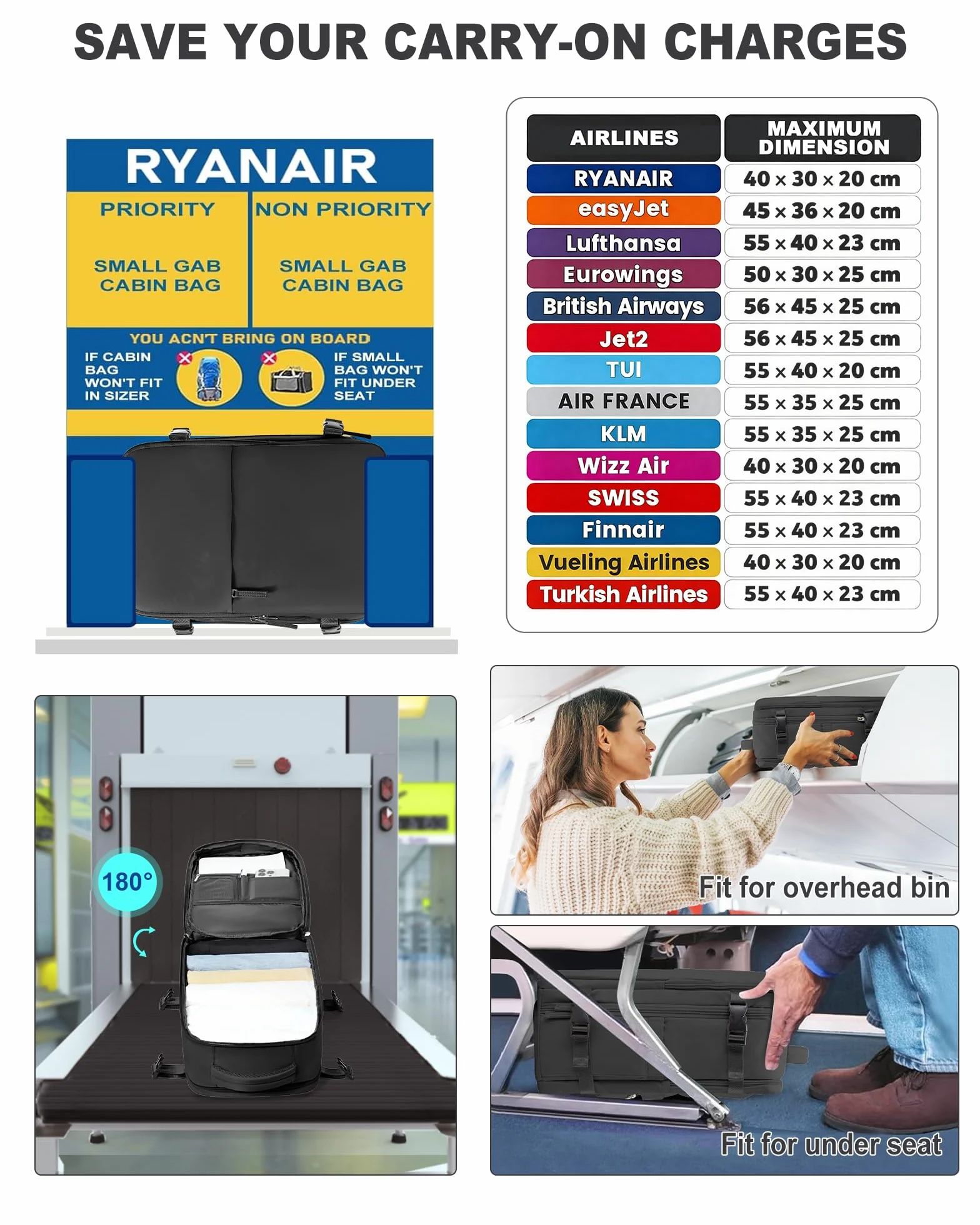 SZLX Torby Kabinowe Dla Ryanair 40x20x25 Torba Podróżna Na Bagaż Podręczny Do Samolotu Easyjet Torba Kabinowa 45x36x20 Plecak Podróżny Rozmiar Kabiny Kobiety Mężczyźni Pasuje Do Laptopa 14 Cali