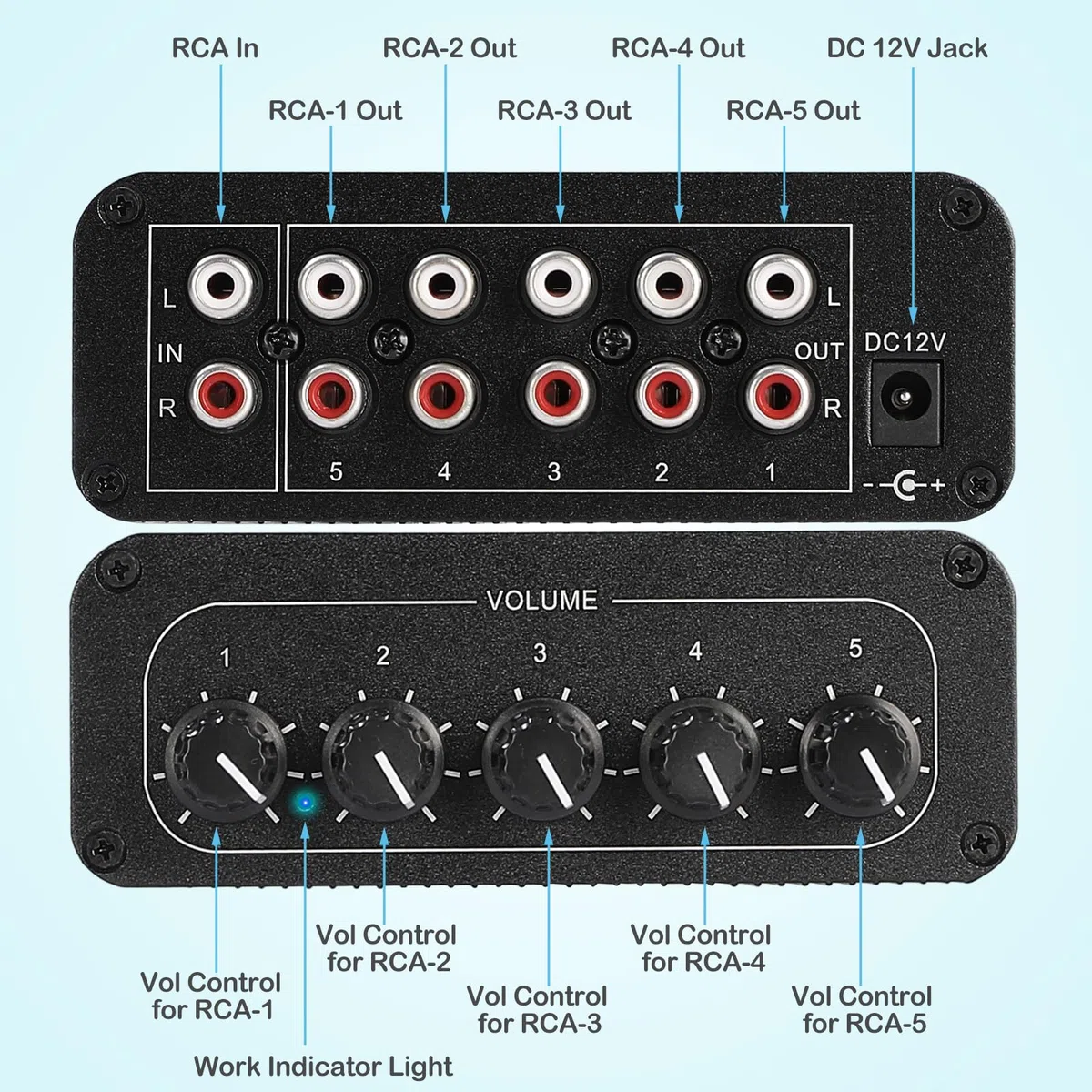5-drożny rozdzielacz audio stereo RCA, 1 w 5 wyjściach, wzmacniacz dystrybucji audio, rozdzielacz sygnału RCA, do głośników, słuchawek, wzmacniaczy, z regulacją głośności, wzmocnienie 6dB