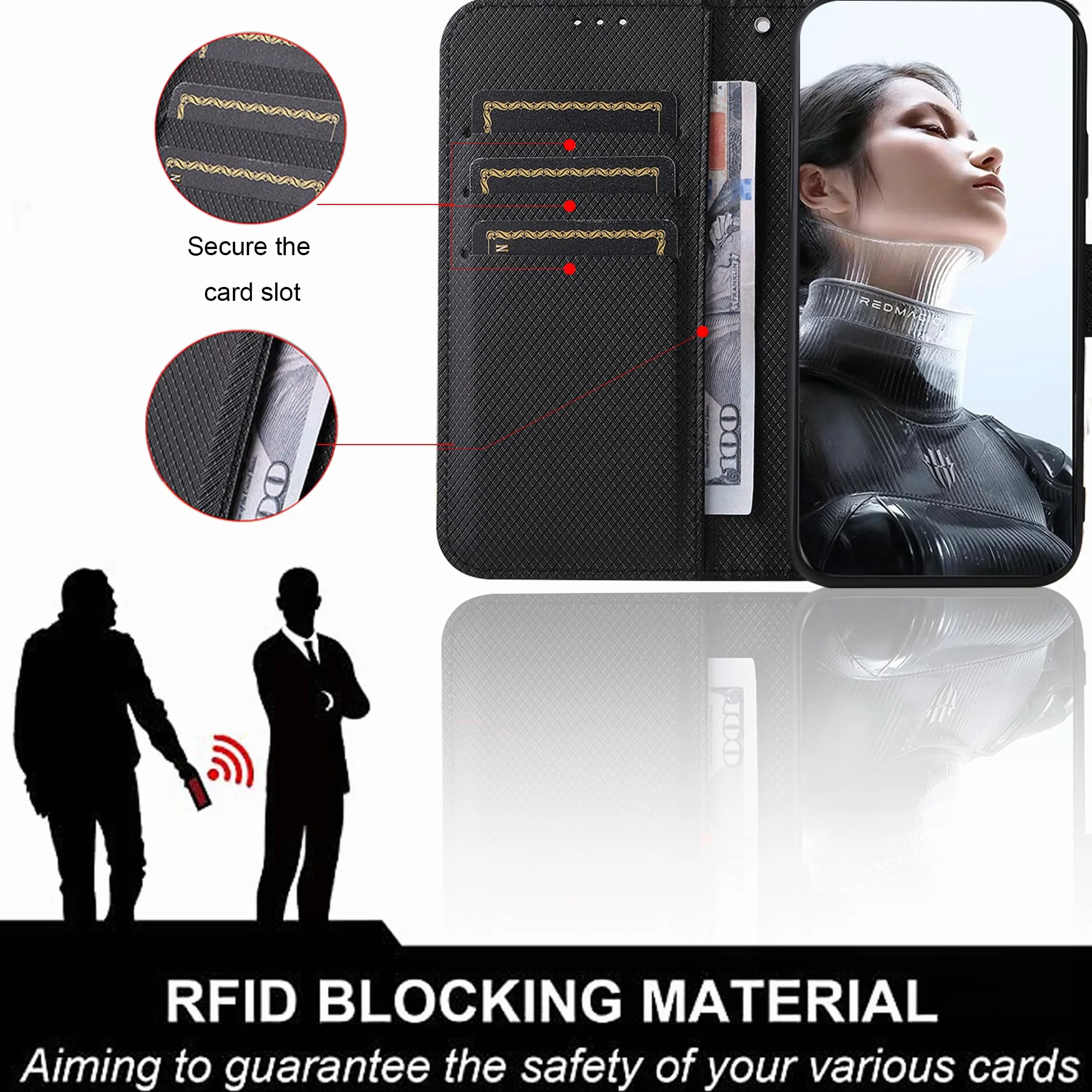 Etui na telefon komórkowy REDMAGIC 11 Pro, odporne na uderzenia, z włókna węglowego premium [składane klapki] [torba z funkcją stojaka] - czarne