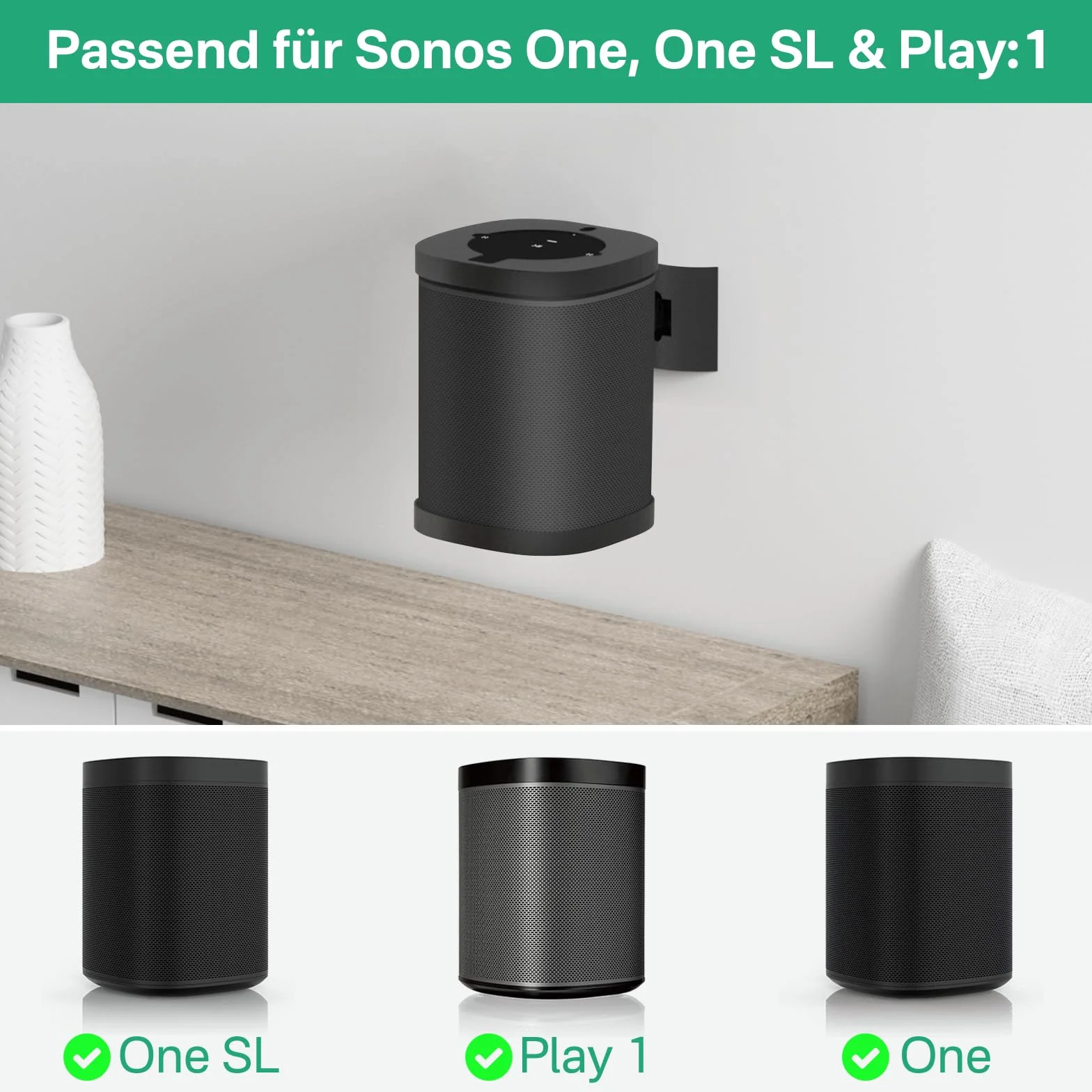 notiela Uchwyt ścienny i sufitowy do Sonos One, One SL & Play:1 - Obrotowy i odchylany uchwyt głośnikowy, regulowany stojak w kolorze czarnym do Sonos One/SL/Play:1 głośnik