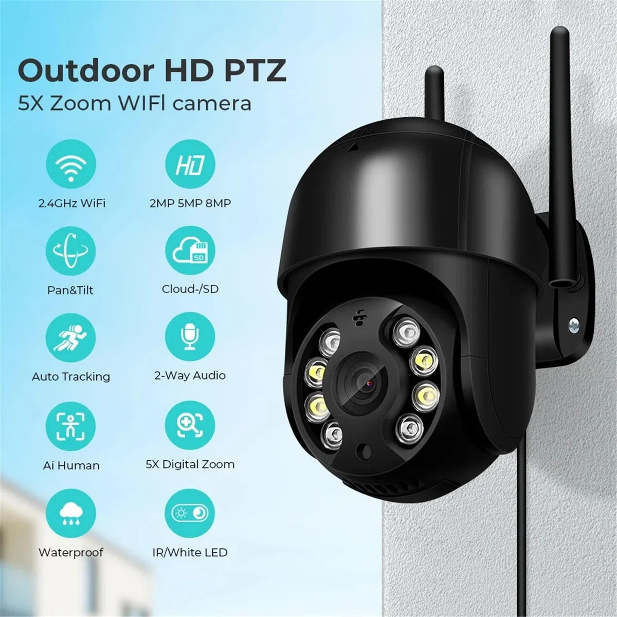 Kamera bezpieczeństwa, Kamera IP 3MP zewnętrzna bezprzewodowa WIFI Speed ​​Dome z automatycznym śledzeniem PTZ, inteligentny monitor domowy(Add 128G Card)