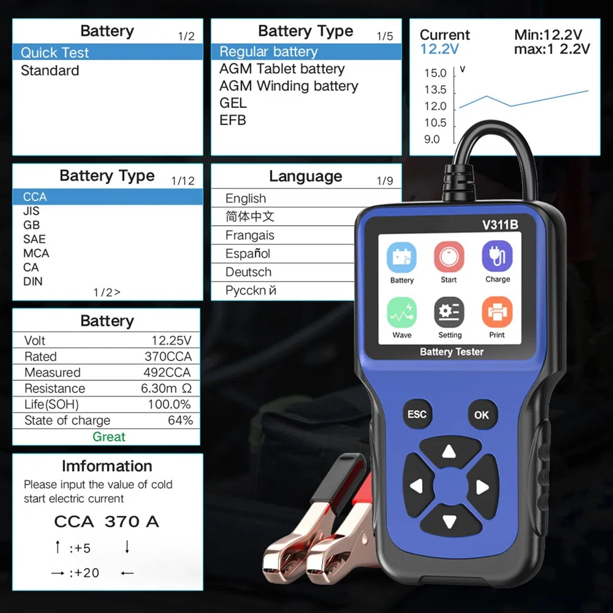 Tester pojemności baterii, tester obciążenia, V311B 12V. Test baterii Detektor akumulatora Tester akumulatora samochodowego Analizator ładowarki Ładowarka Ładowanie Tester Tester narzędzia funkcja tes