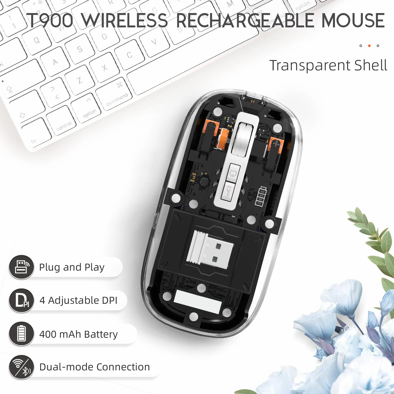 MAGIC-REFINER Bezprzewodowa mysz Akumulator, 2.4Ghz i Bluetooth 5.0 Cicha Bezprzewodowa Mysz Optyczna Ultra Slim 2400 DPI, Mysz Gaming Przezroczysty, Widoczna Bateria, na Laptop/PC/Mac, Czarny