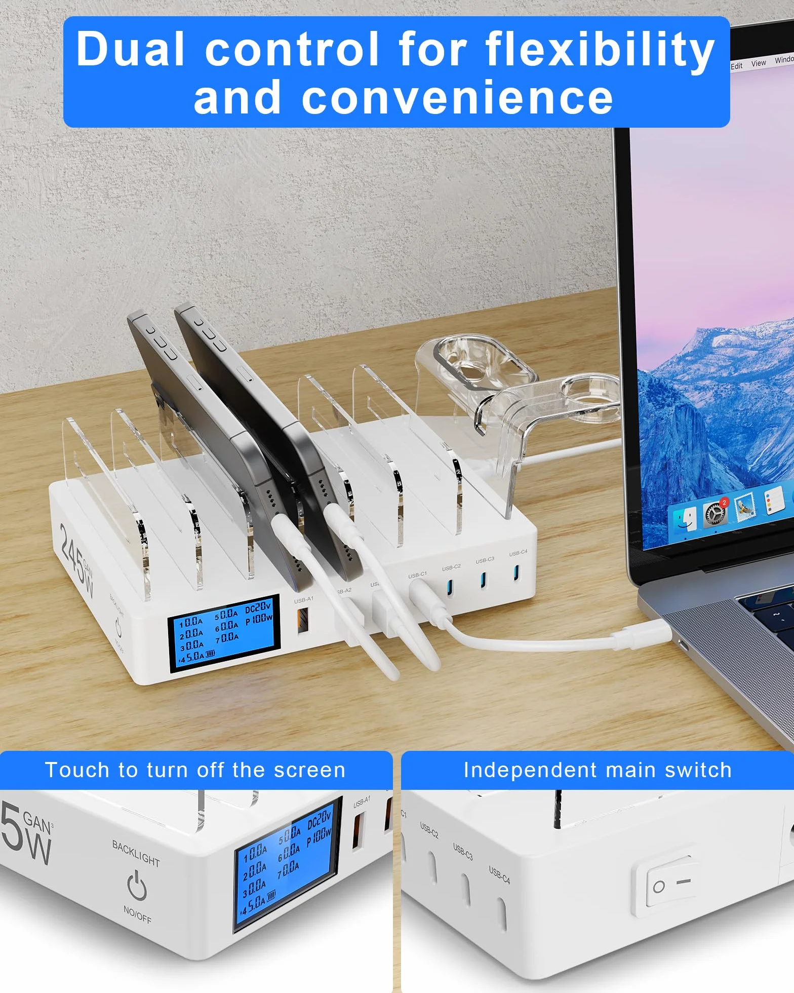 Stacja ładująca USB 245W 7 portów z ekranem LCD 2 w 1 kompatybilna z iPhone 16/15/Pro/Max Samsung