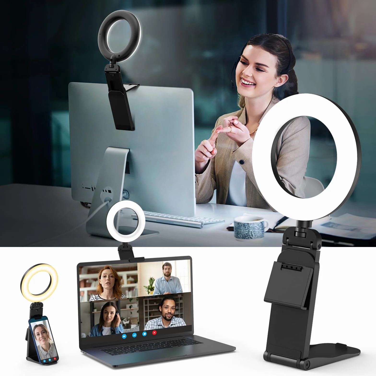 Evershop lampa pierścieniowa do laptopa, telefonu komórkowego, 5", lampa pierścieniowa ze statywem i uchwytem na telefon komórkowy, 3 kolory światła + 10 poziomów jasności, obracane o 360°