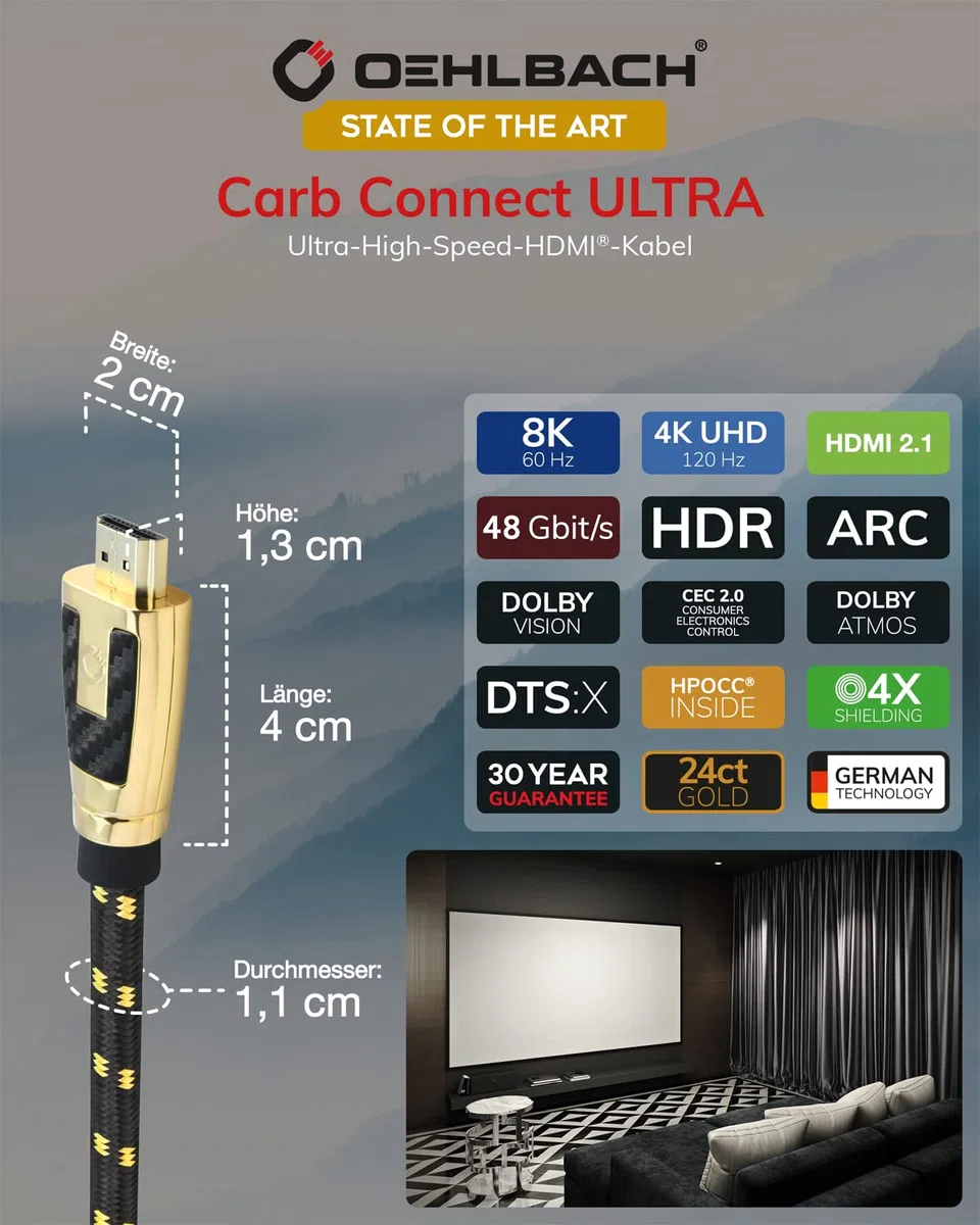 OEHLBACH Kabel Carb Connect Ultra High Speed HDMI 2.1-48 Gb/s, 8K/60Hz, 4K/120Hz, monokrystaliczna miedź HPOCC, styki pozłacane 24-karatowym złotem, 4-drożne ekranowanie, pełne metalowe złącze