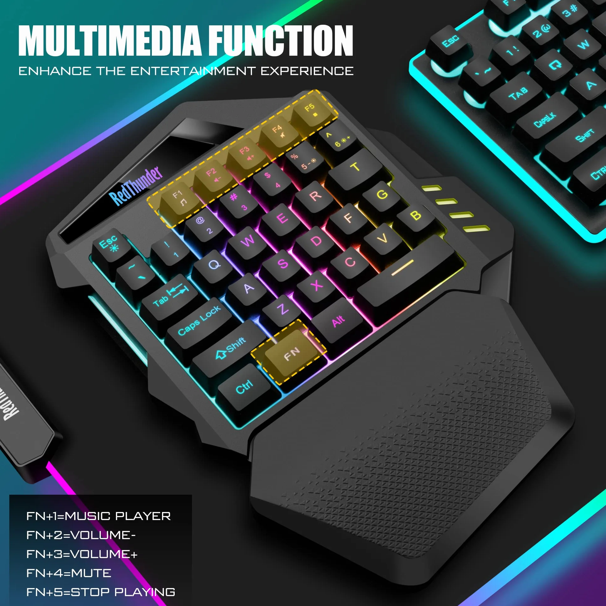 RedThunder G60 bezprzewodowa klawiatura do gier jednoręczna, akumulator 2000 mAh z podświetleniem RGB, klawiatura do gier Anti-ghosting 35 klawiszy + ergonomiczna do komputerów Mac PS5 Xbox One Gamer.