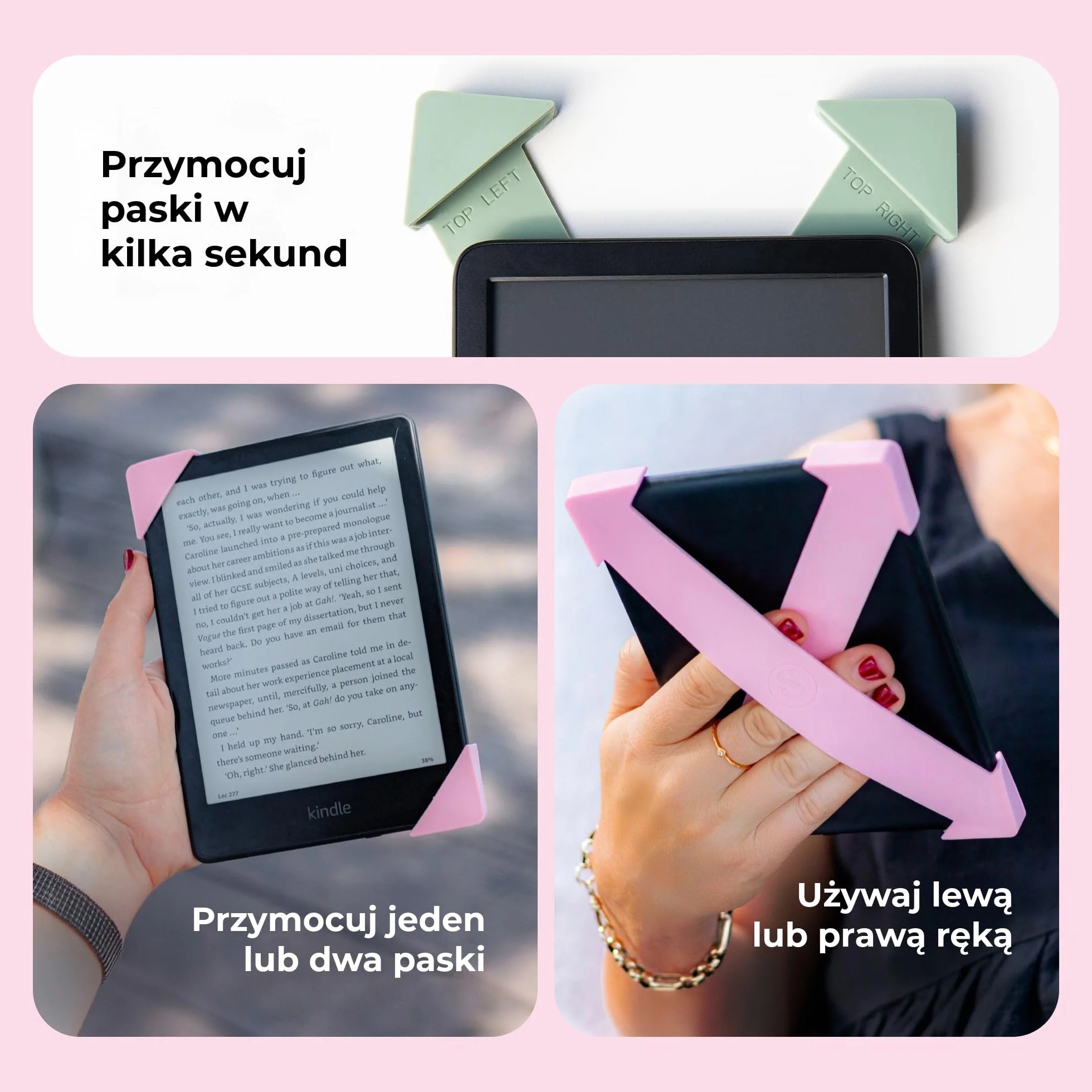 Strapsicle Pasek na Dłoń do Kindle Paperwhite 2024/2021 Signature Kobo Colorsoft 2 Paski Lekki Uchwyt do Czytania Rozmiar L Różowy