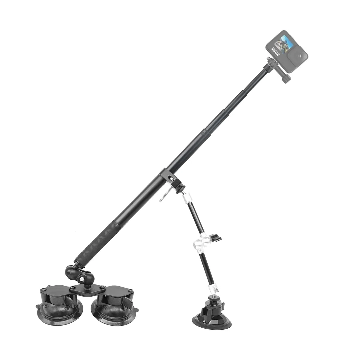 Potrójny zestaw montażowy do kamery z przyssawką do Insta360 X5/X4/X3 i GoPro Hero 13/12/11, z uchwytem z długim rękawem, regulowany kąt, do kamer sportowych