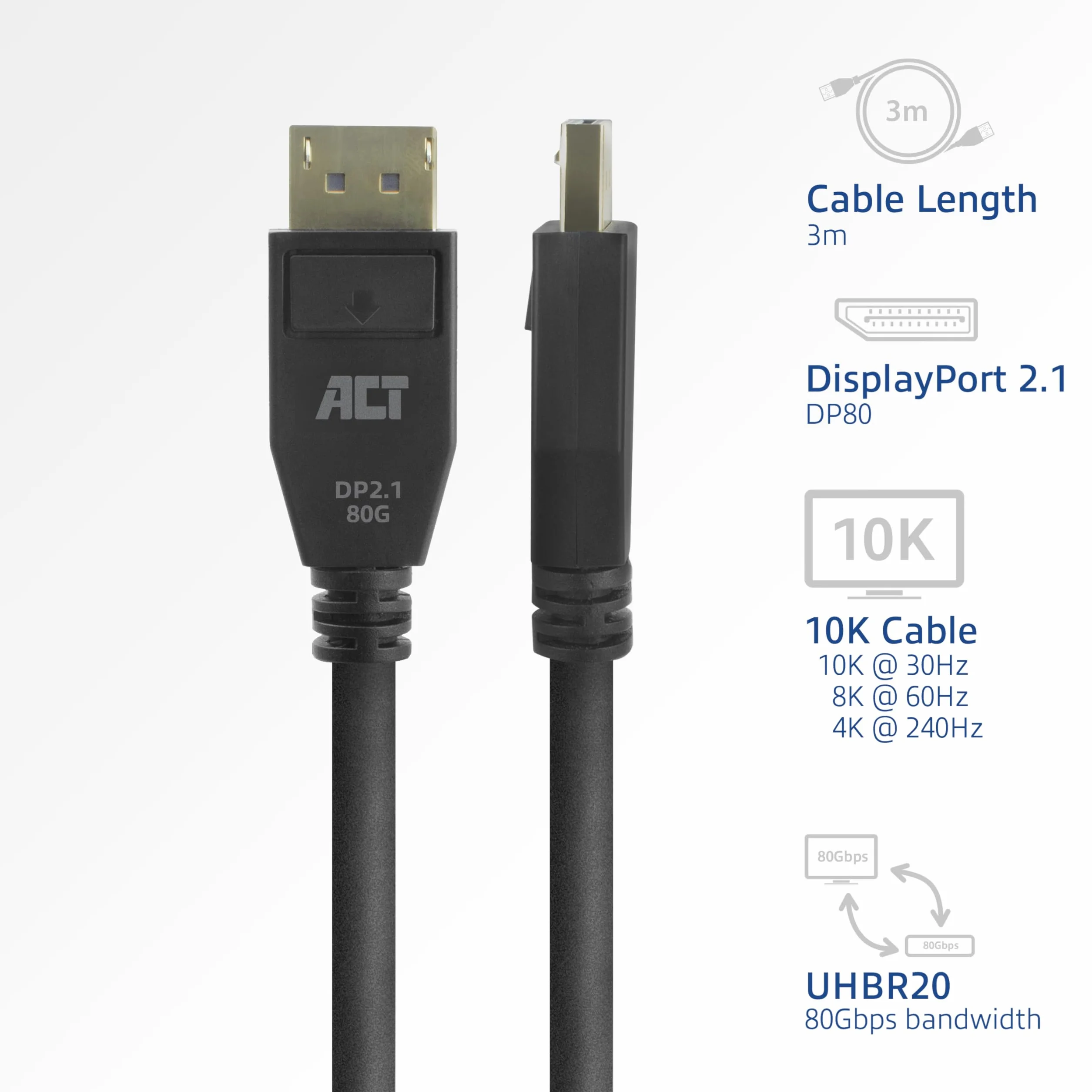 ACT DisplayPort 2.1 kabel, 3 m, 10 K 30 Hz/8K 60 Hz/4K 240 Hz, 80 Gbps UHBR20, DP80 - AK4083