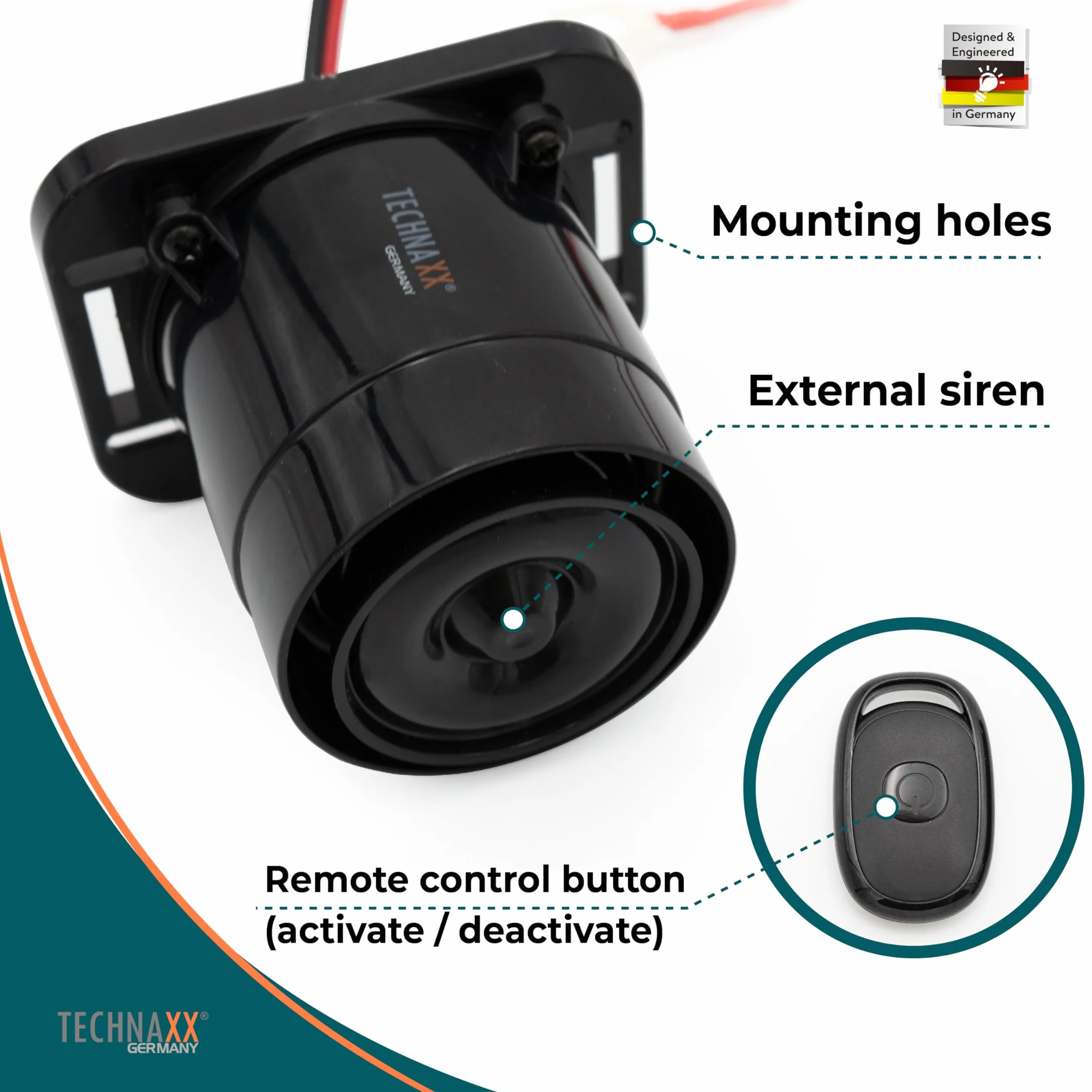 Technaxx Alarm samochodowy z czujnikiem PIR i syreną 105 dB TX-168 – system alarmowy do samochodu, przyczepy kempingowej, łodzi i domu – akumulator 7 dni, USB, przycisk paniki, pilot zdalnego
