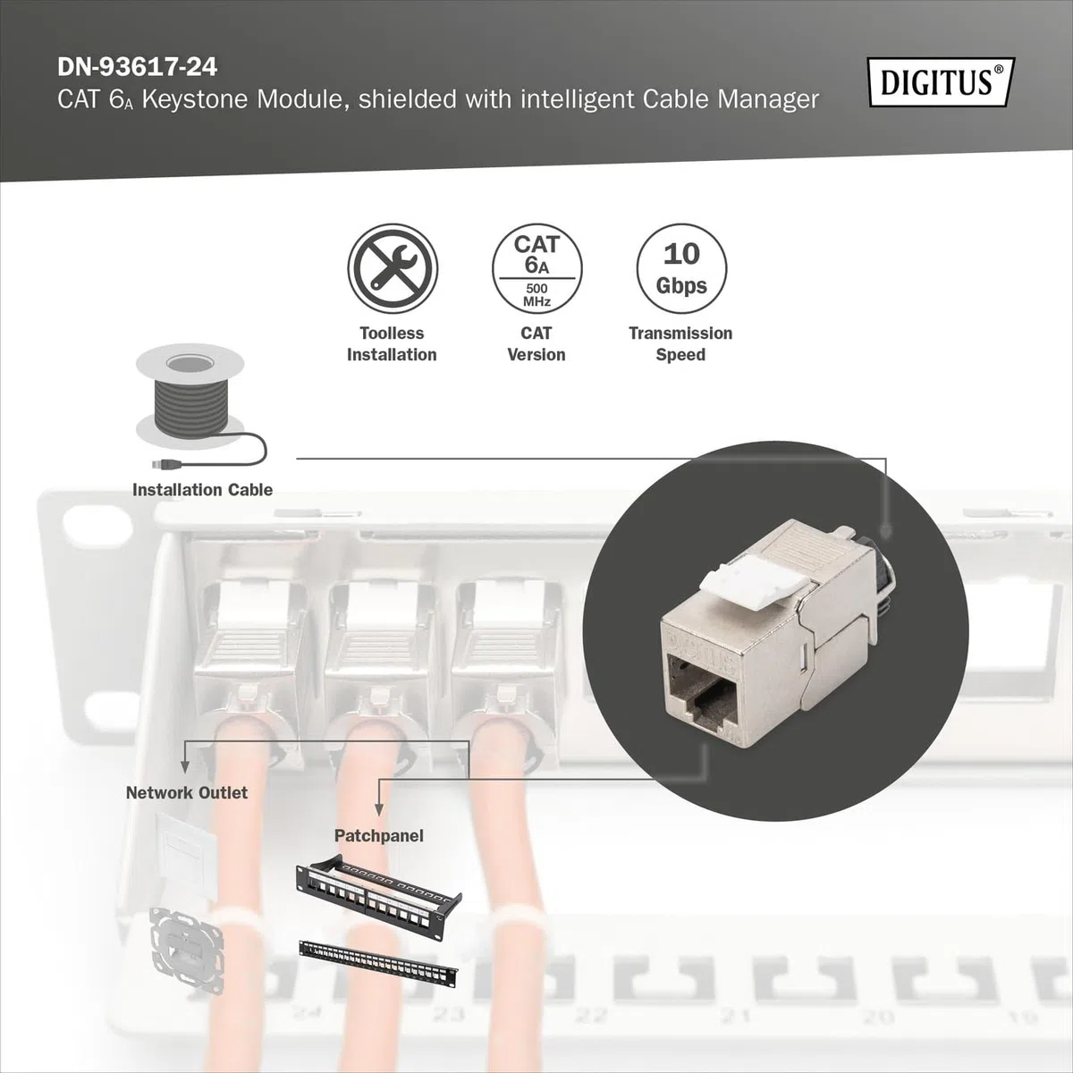 DIGITUS Moduł Keystone Cat-6A ekranowany - 24 sztuki - Gniazdo RJ45 - 500 MHz 10GBase-T - AWG 26-22 - Projektowalny - Z dźwignią blokującą - Montaż bez użycia narzędzi