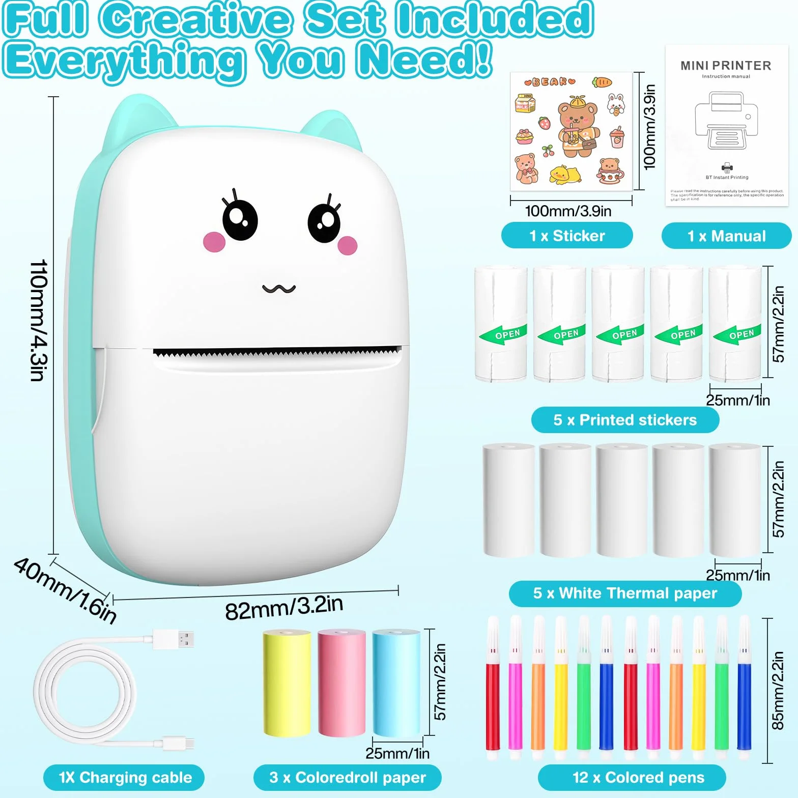 Mini Drukarka Bluetooth Termiczna do Smartfona, Zdjęć i Etykiet, Bez Tuszu, Niebieski