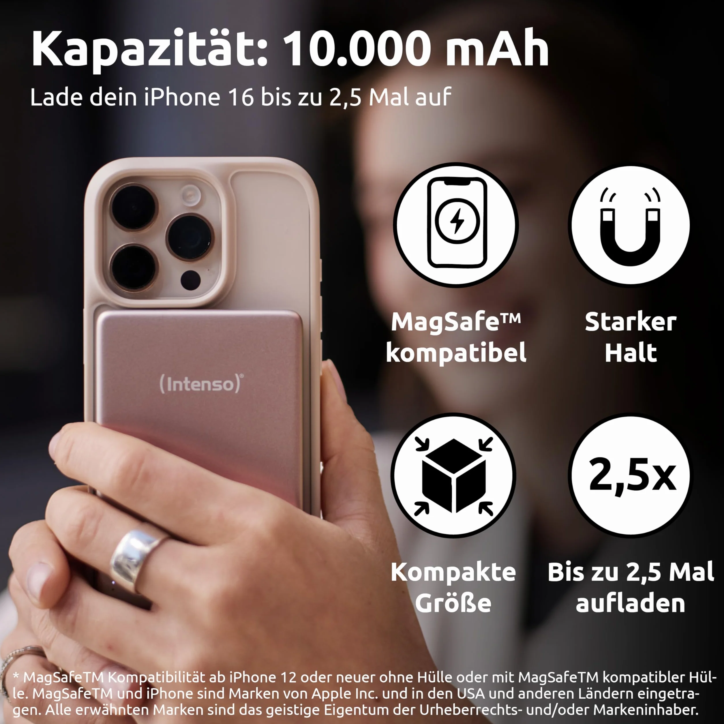 Intenso MW10000 magnetyczny powerbank 10 000 mAh – kompatybilny z MagSafe, bezprzewodowe ładowanie 15 W, USB-C PD 20 W, do iPhone i Android – sprawdzony w Niemczech – różowy