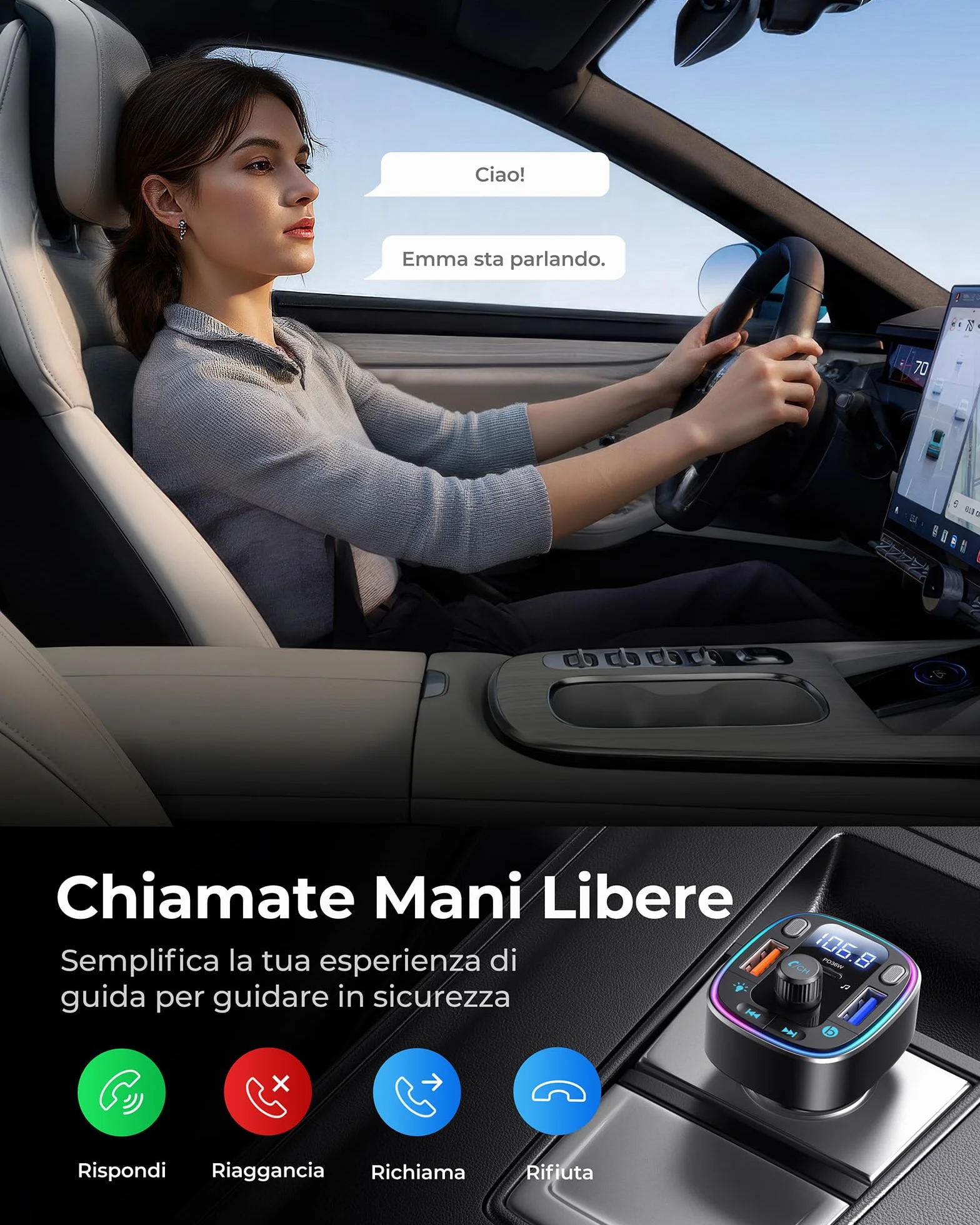 LENCENT Samochodowy transmiter FM Bluetooth 5.4, 54 W, samochodowy adapter Bluetooth, podwójne porty USB szybkie ładowanie (PD 36 W i QC3.0), adapter muzyczny, zestaw głośnomówiący, podwójny mikrofon