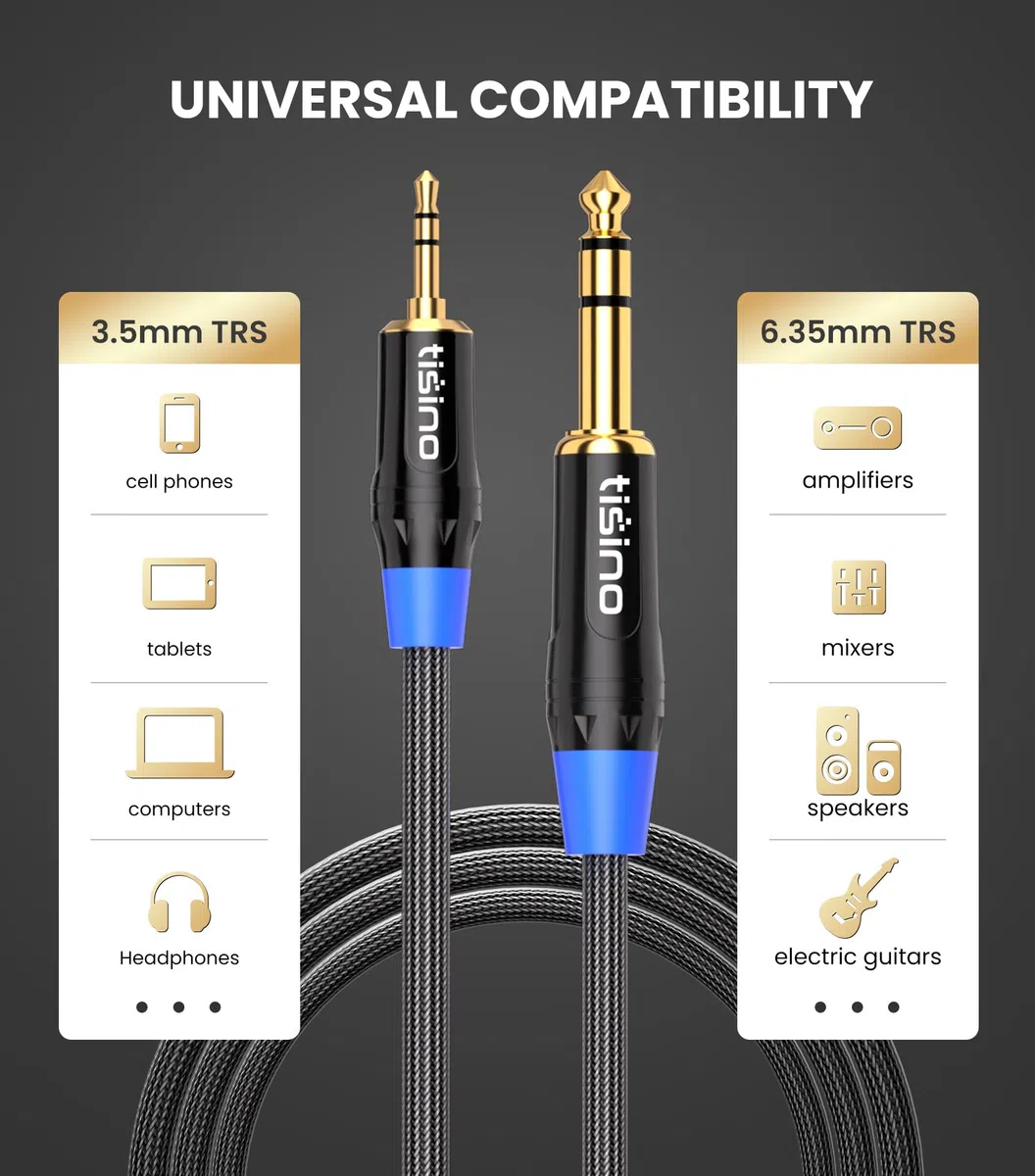 Tisino Kabel audio stereo z mini jack na gniazdo, nylonowy oplot, 3,5 mm do 6,35 mm, TRS, kabel krosowy do gitary, laptopa, głośnika, wzmacniaczy, 1 m
