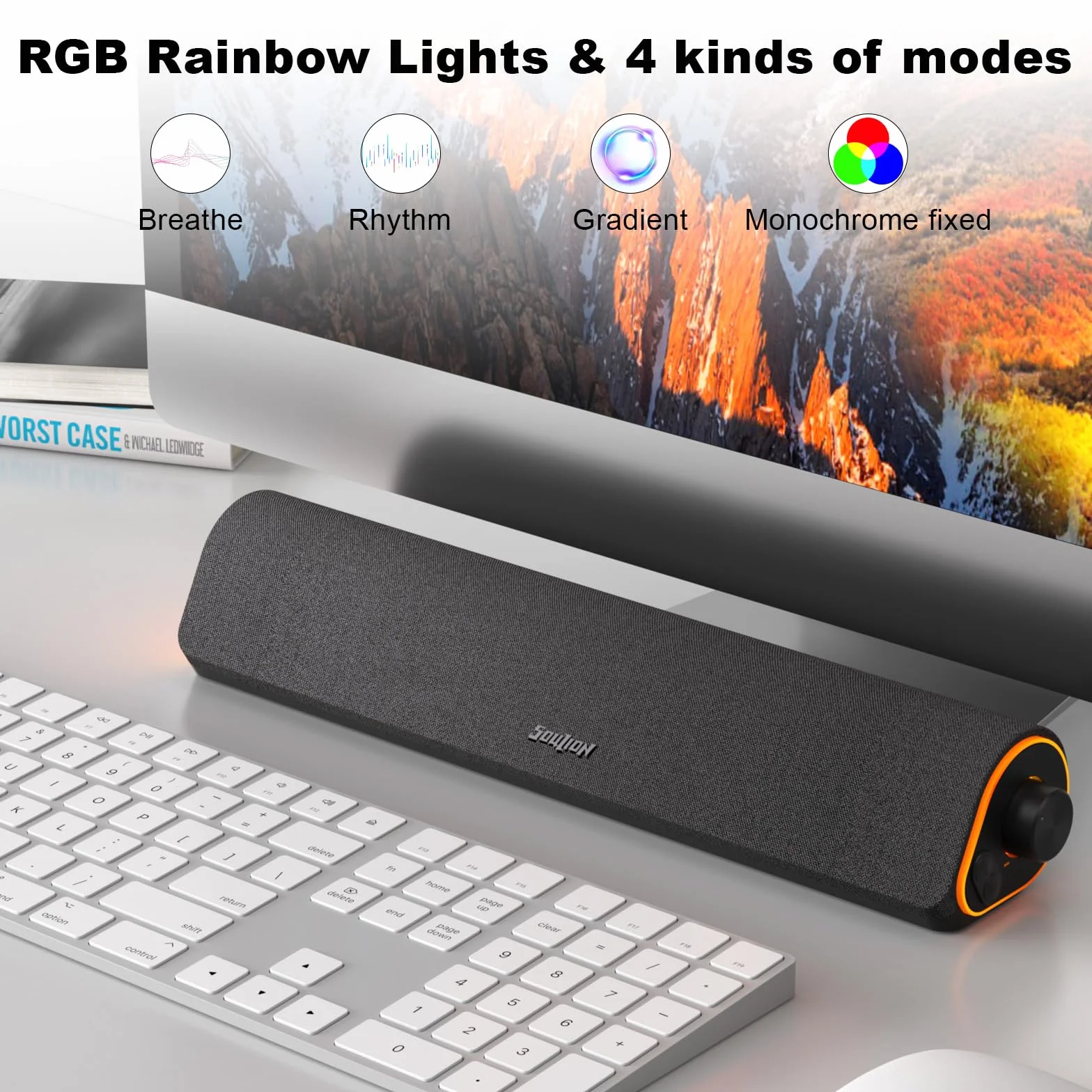 SOULION Głośniki komputerowe R50, zasilane przez USB i wejście AUX 3,5 mm Jack RGB, małe głośniki komputerowe, soundbar Bluetooth 5.3 z pokrętłem regulacji głośności do komputera